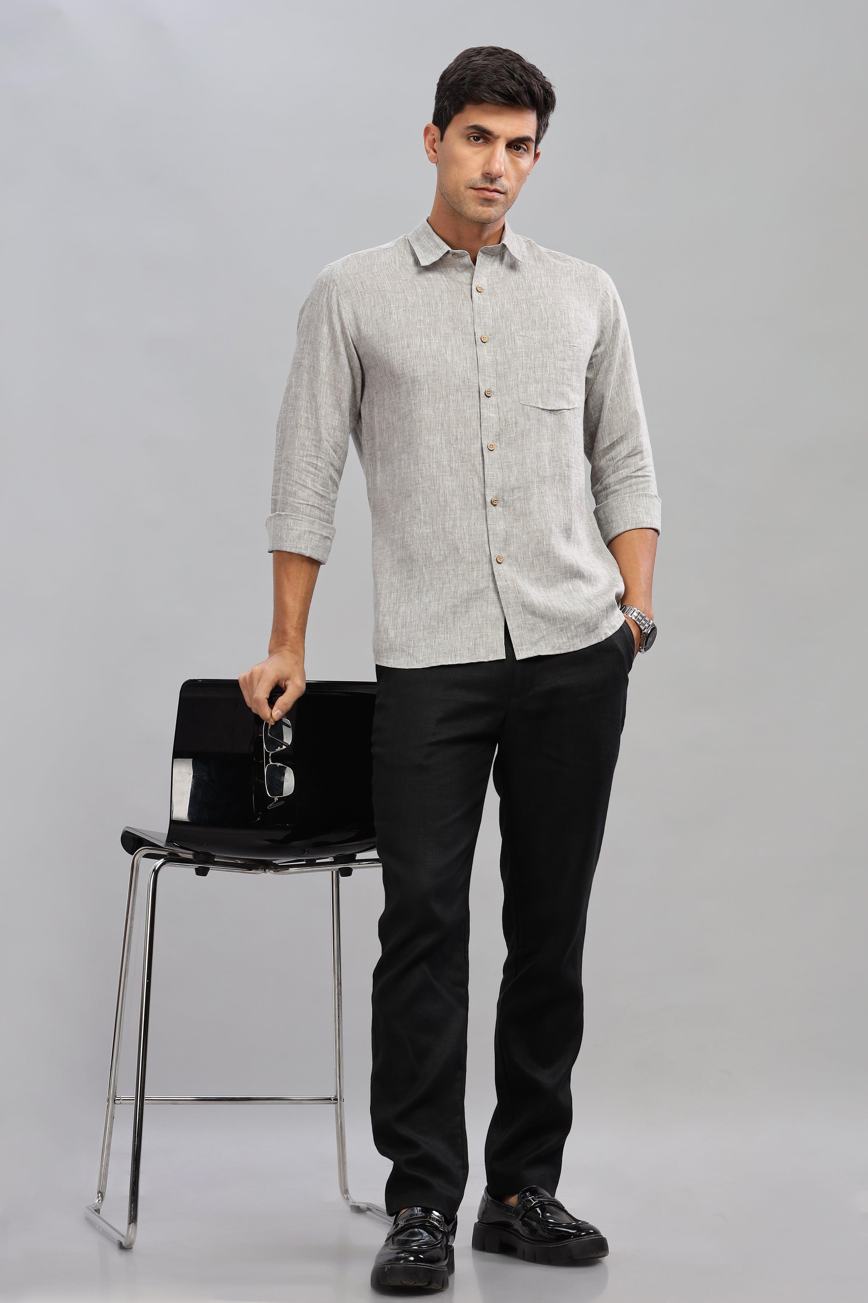 MARK - Everyday Essential 100 % Pure Linen Grey Chambray Shirt Full Sleeves