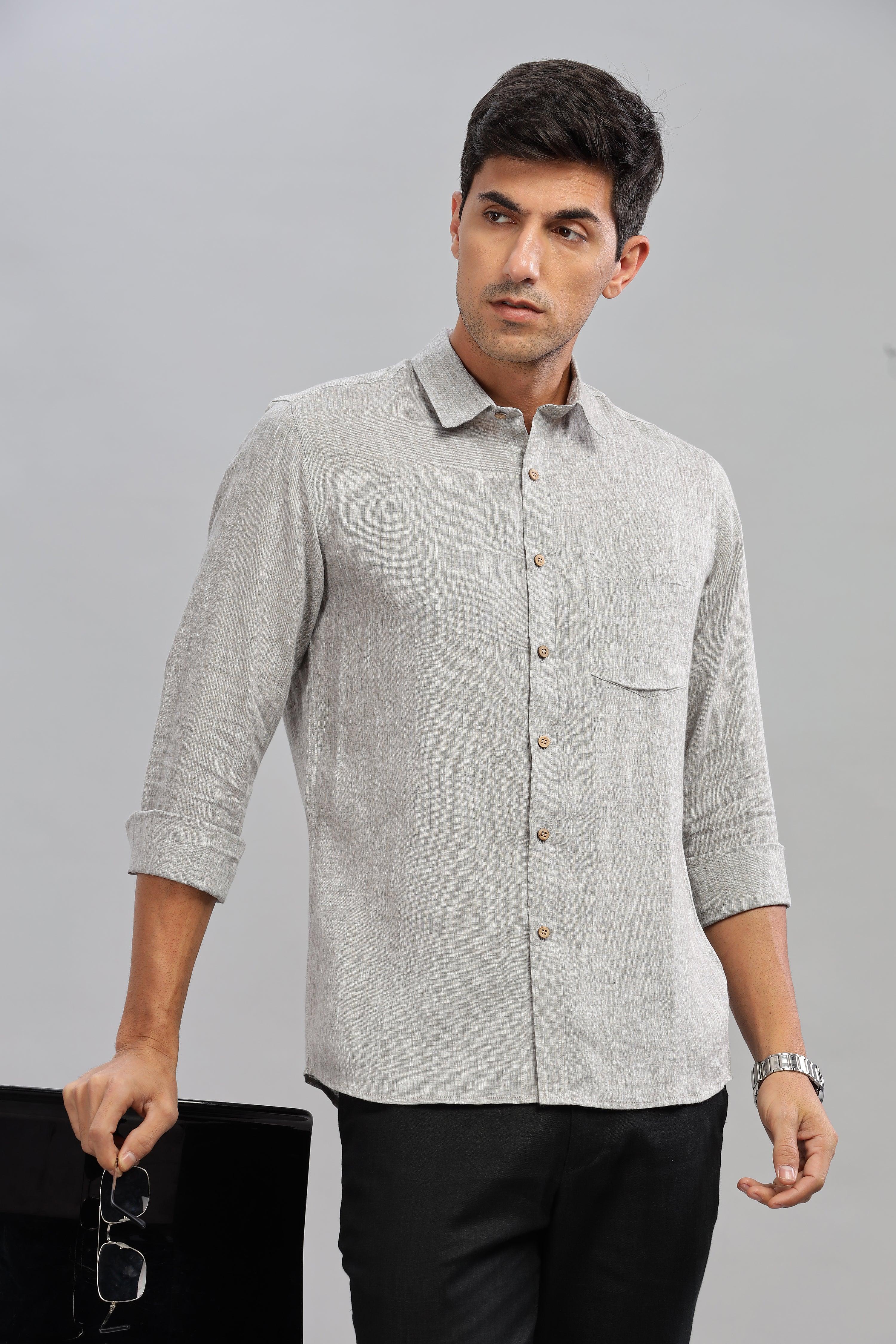 MARK - Everyday Essential 100 % Pure Linen Grey Chambray Shirt Full Sleeves