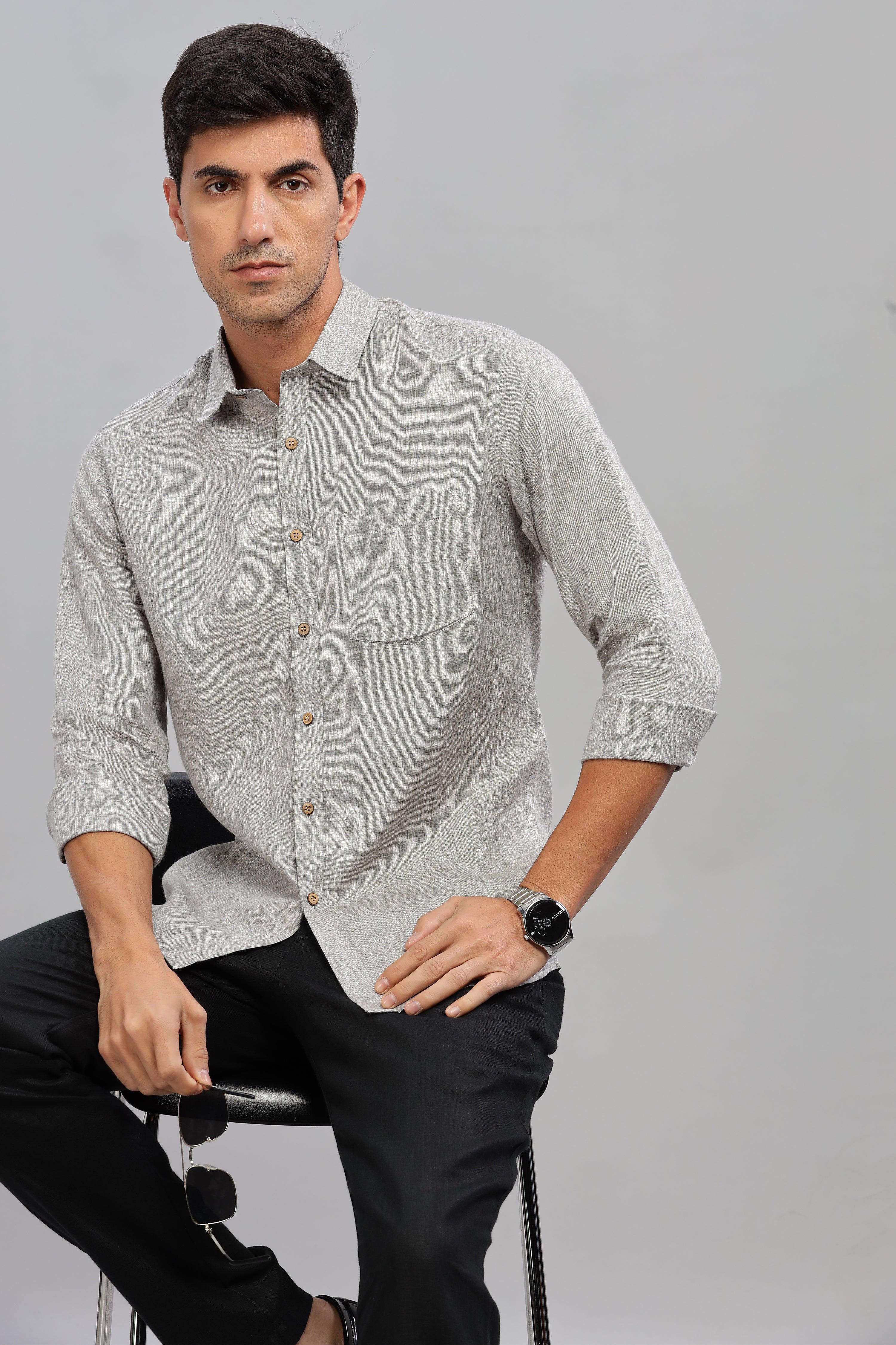 MARK - Everyday Essential 100 % Pure Linen Grey Chambray Shirt Full Sleeves