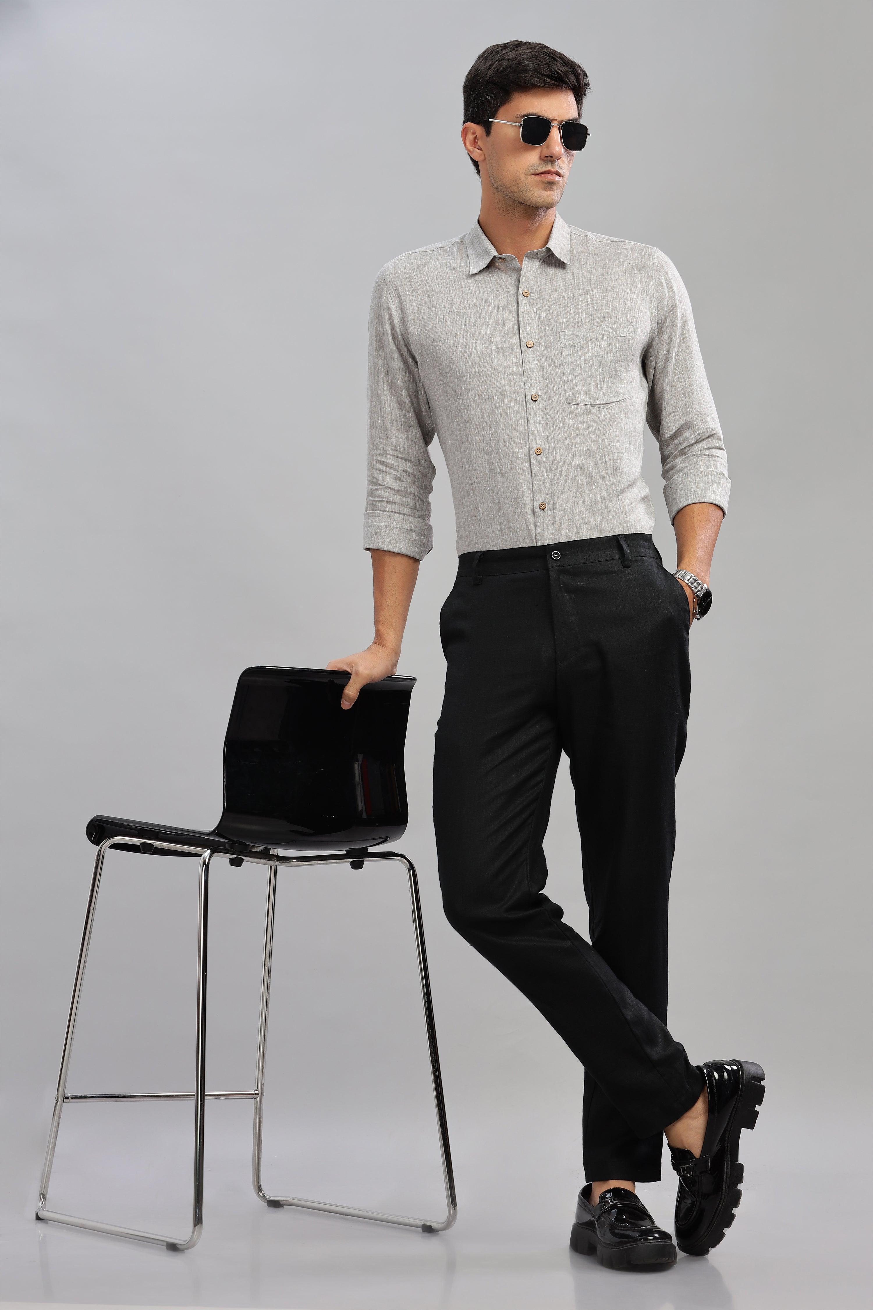 MARK - Everyday Essential 100 % Pure Linen Grey Chambray Shirt Full Sleeves