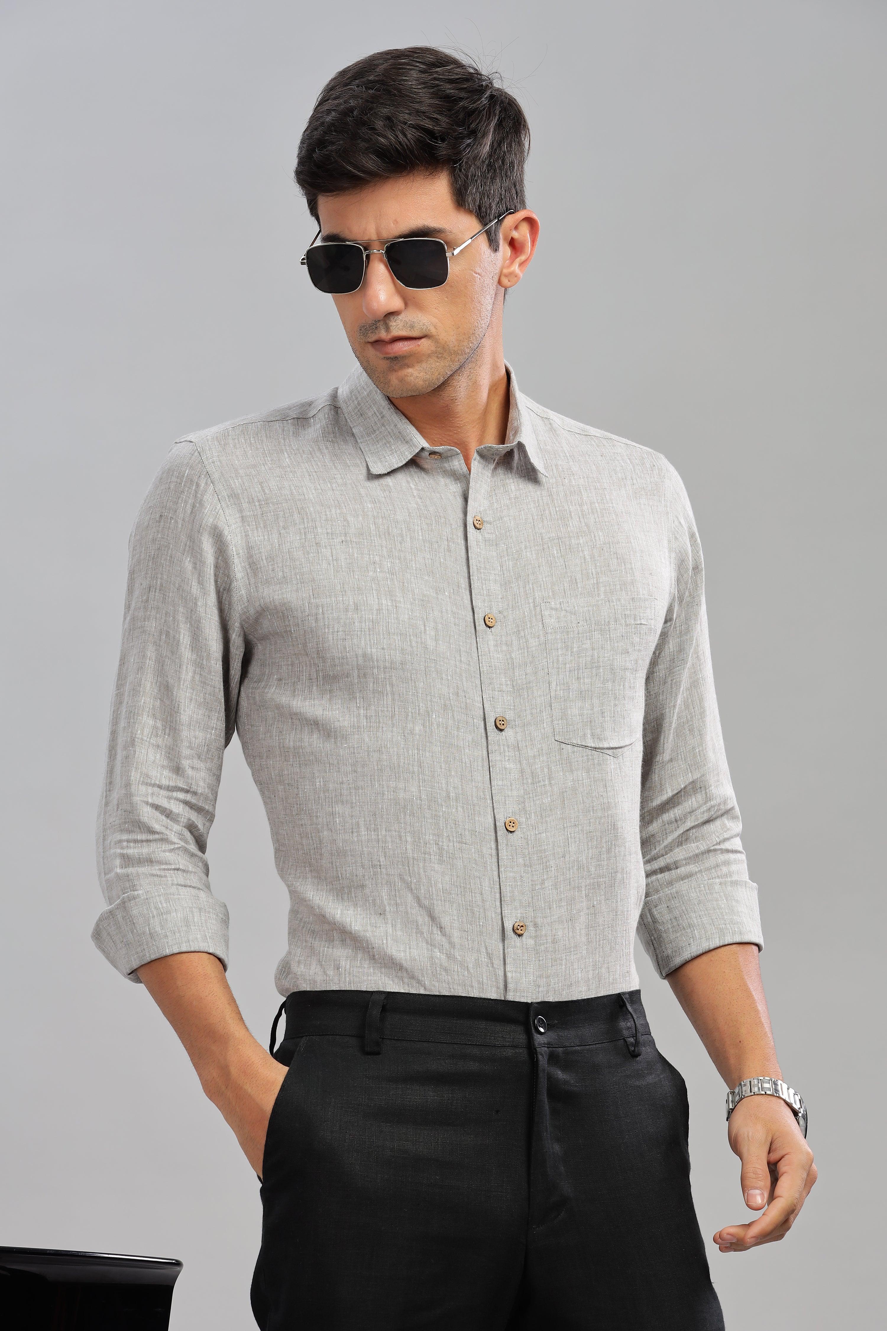 MARK - Everyday  Essential 100 % Pure Linen Grey Chambray Shirt Full Sleeves