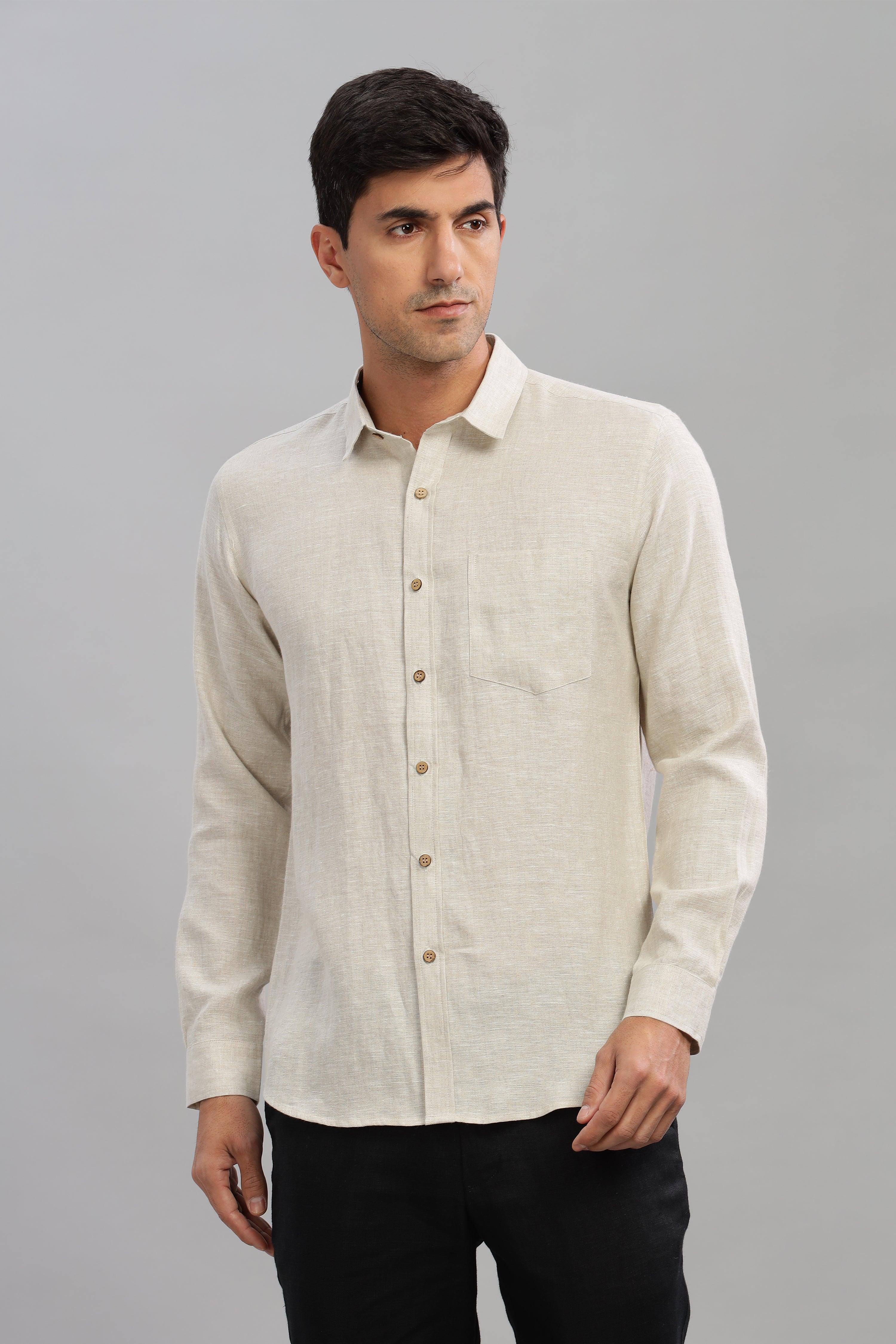 MARK - Everyday  Essential 100 % Pure Linen Natural Color Shirt Full Sleeves