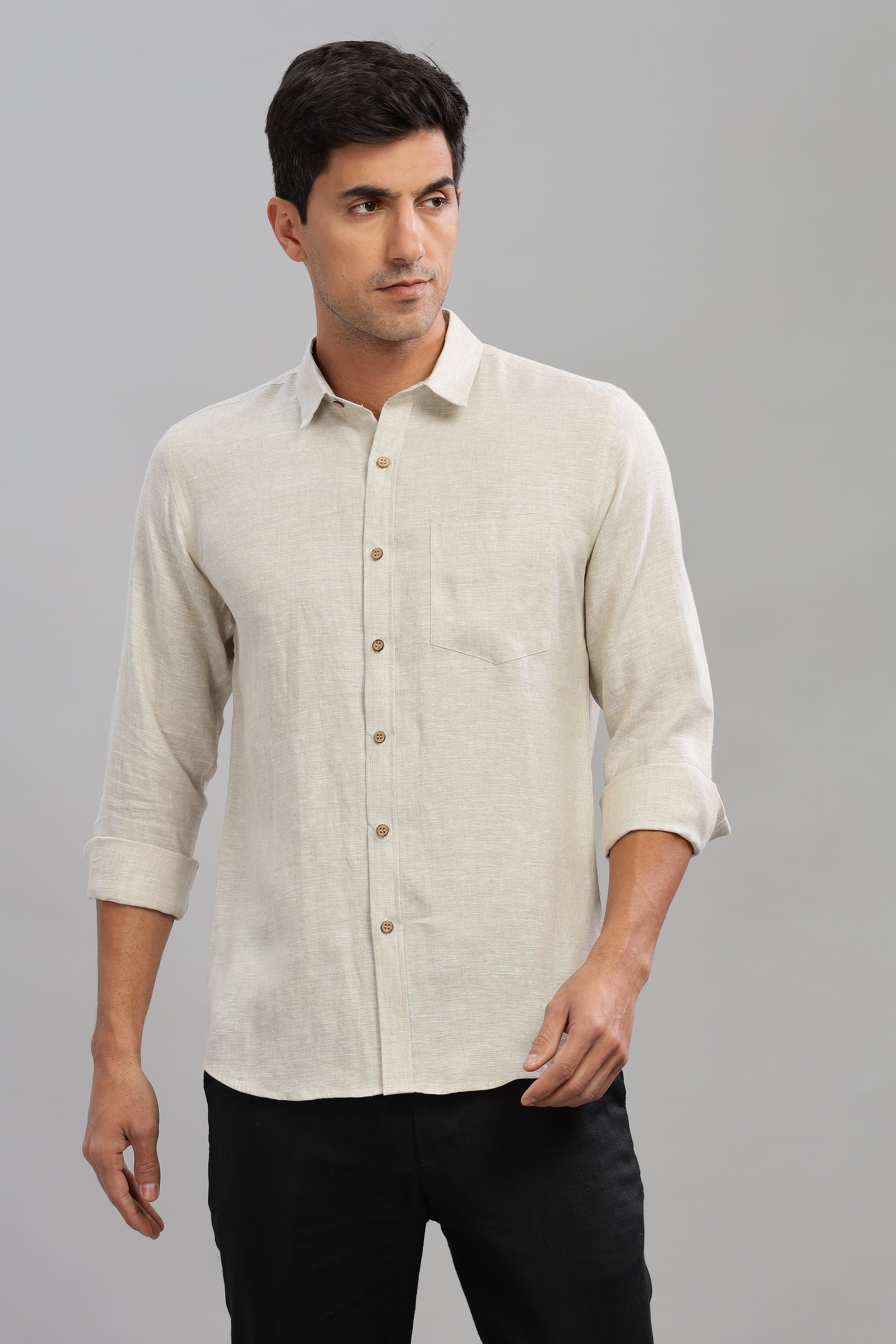 MARK - Everyday  Essential 100 % Pure Linen Natural Color Shirt Full Sleeves