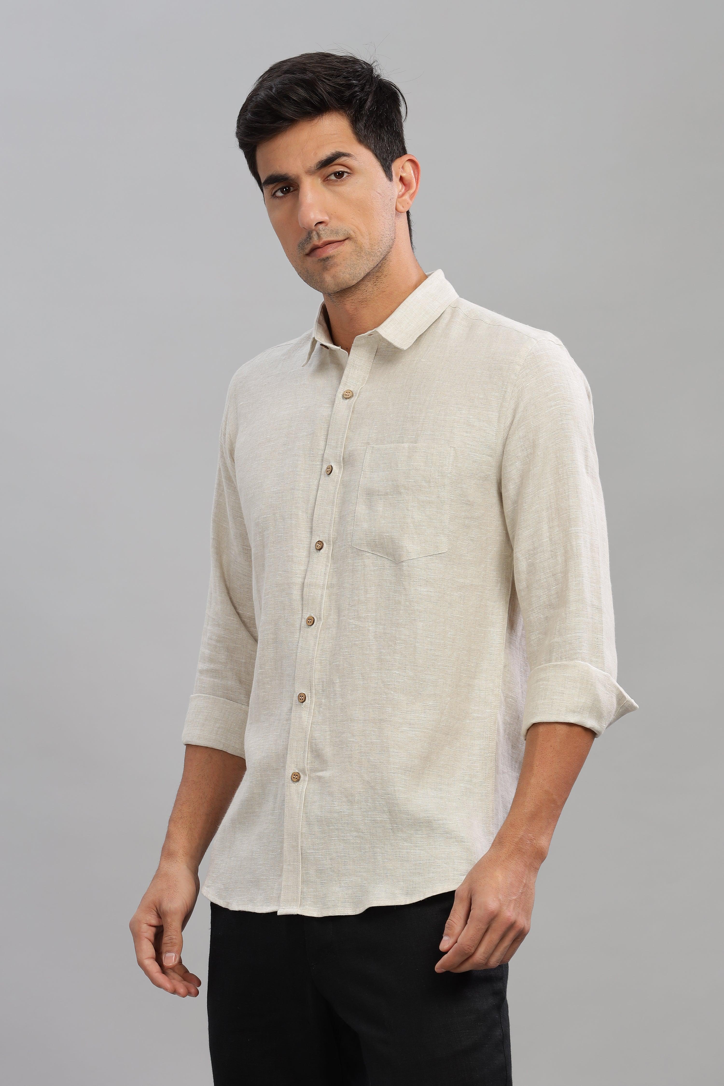 MARK - Everyday  Essential 100 % Pure Linen Natural Color Shirt Full Sleeves