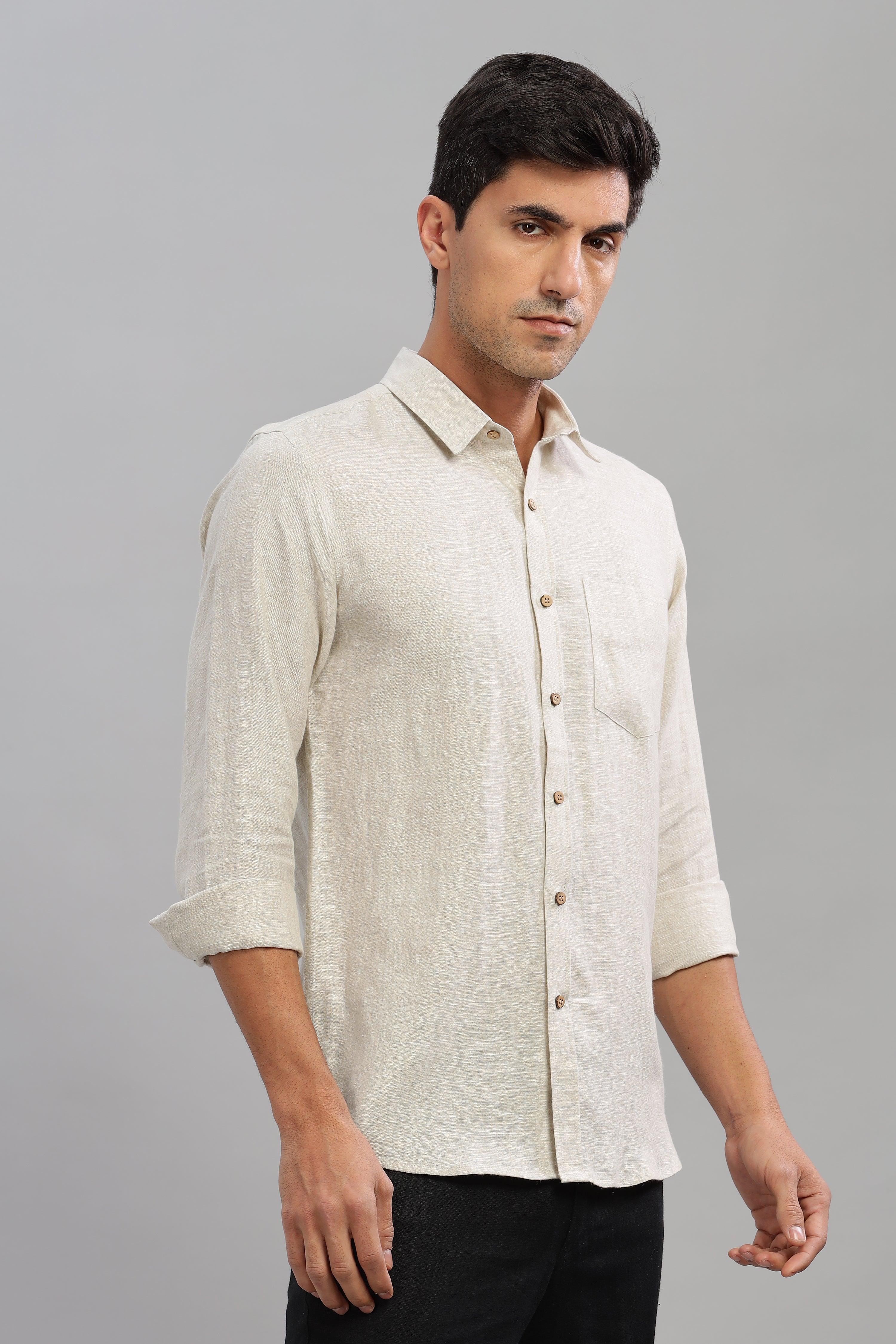 MARK - Everyday  Essential 100 % Pure Linen Natural Color Shirt Full Sleeves