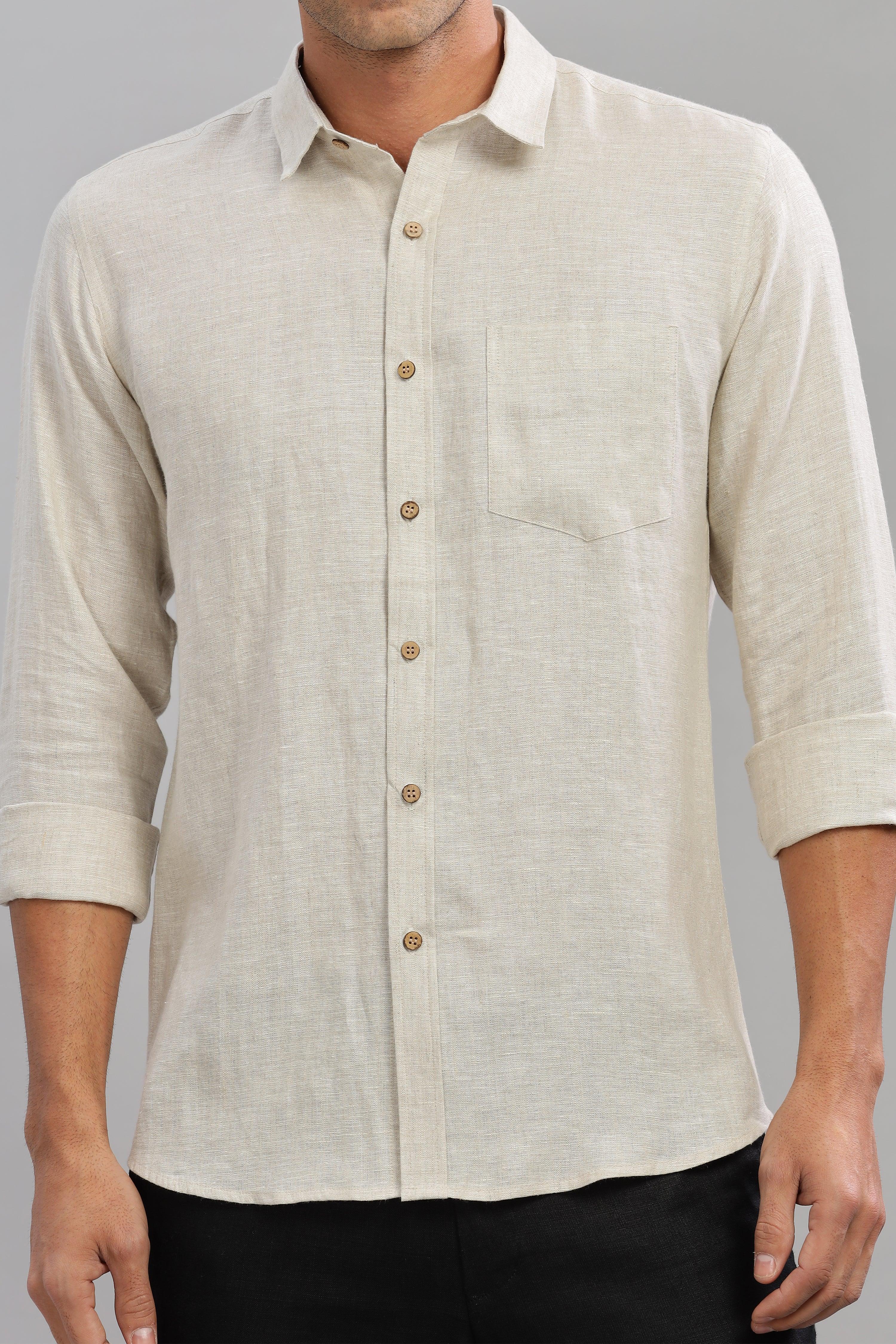MARK - Everyday  Essential 100 % Pure Linen Natural Color Shirt Full Sleeves
