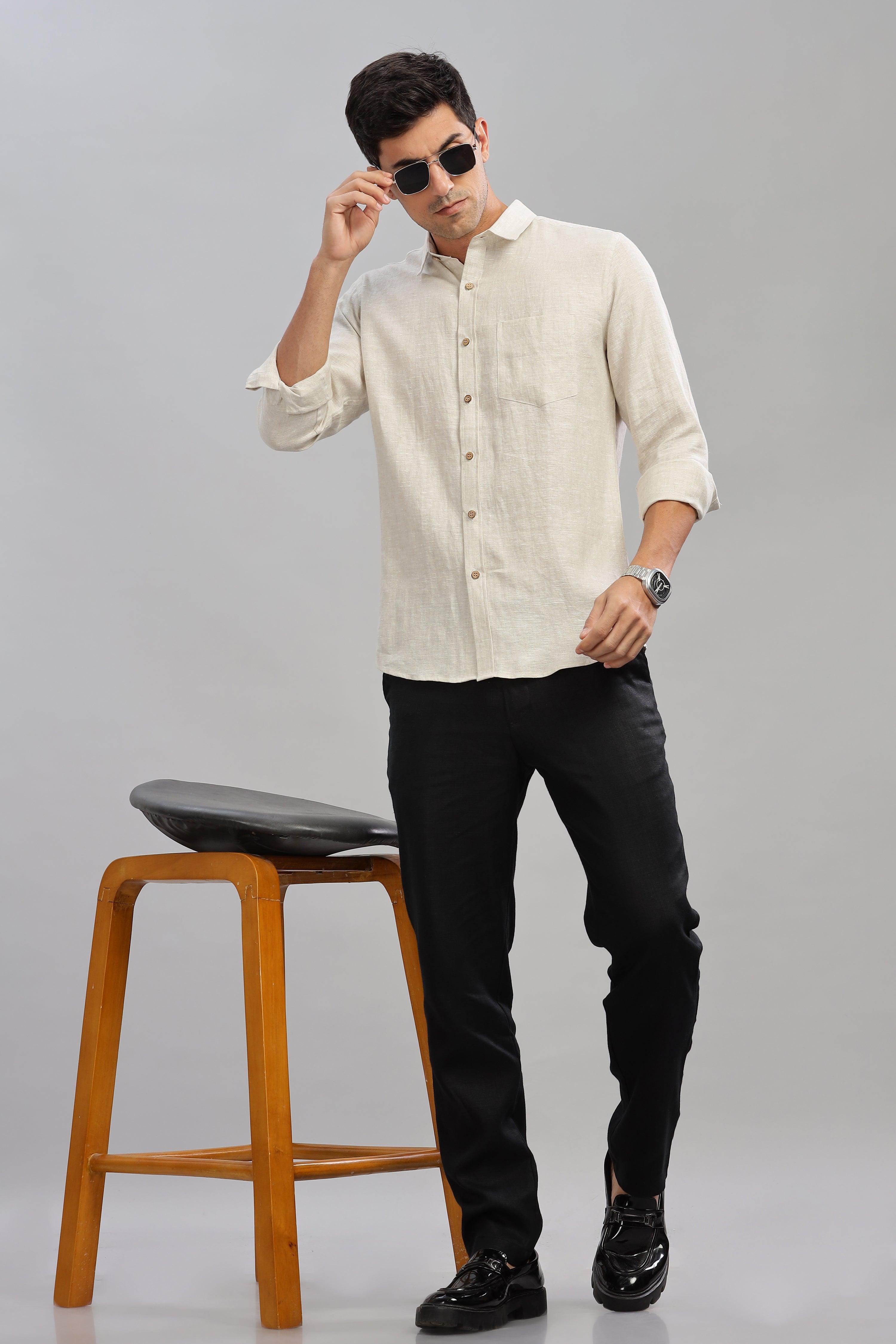 MARK - Everyday  Essential 100 % Pure Linen Natural Color Shirt Full Sleeves