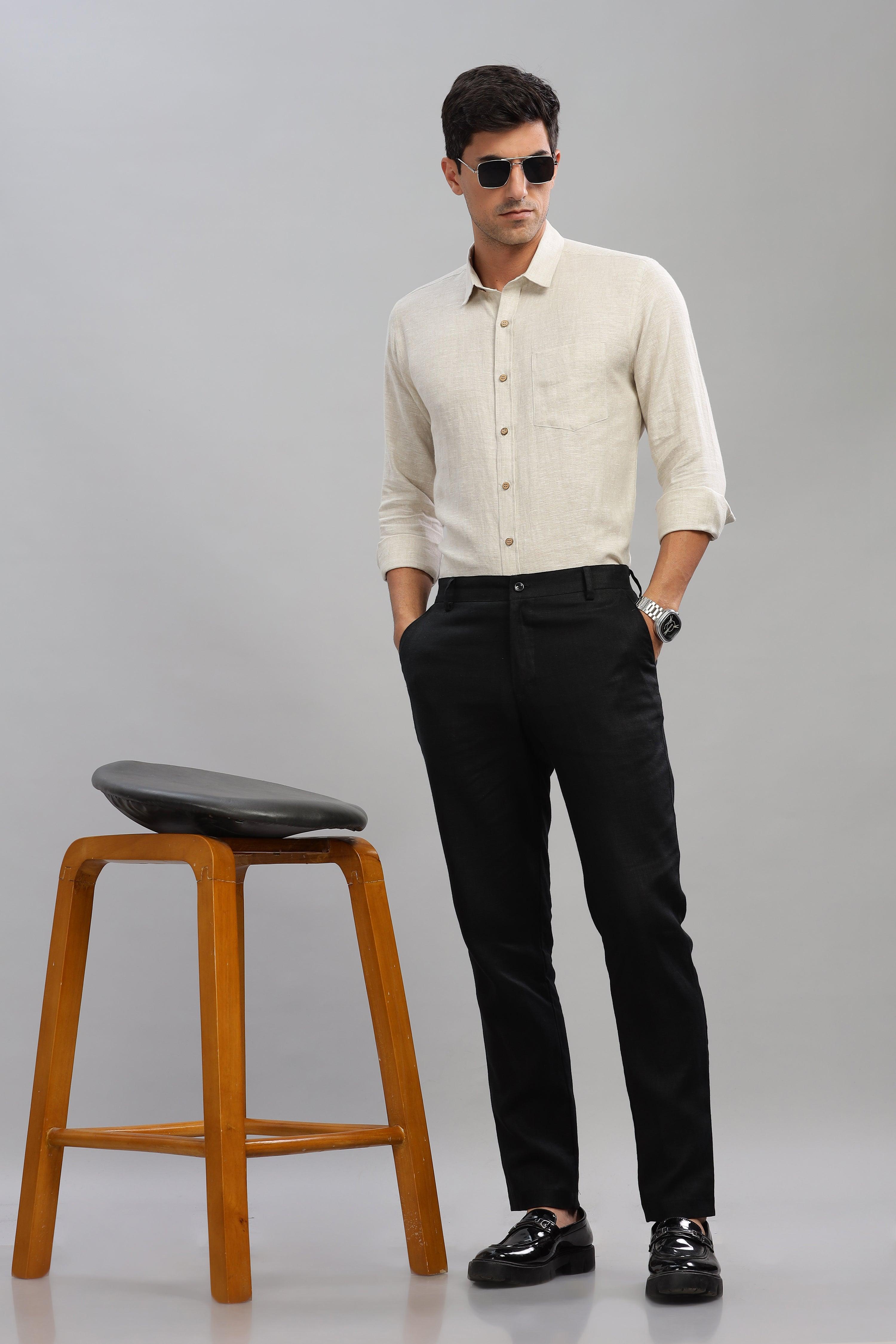 MARK - Everyday  Essential 100 % Pure Linen Natural Color Shirt Full Sleeves