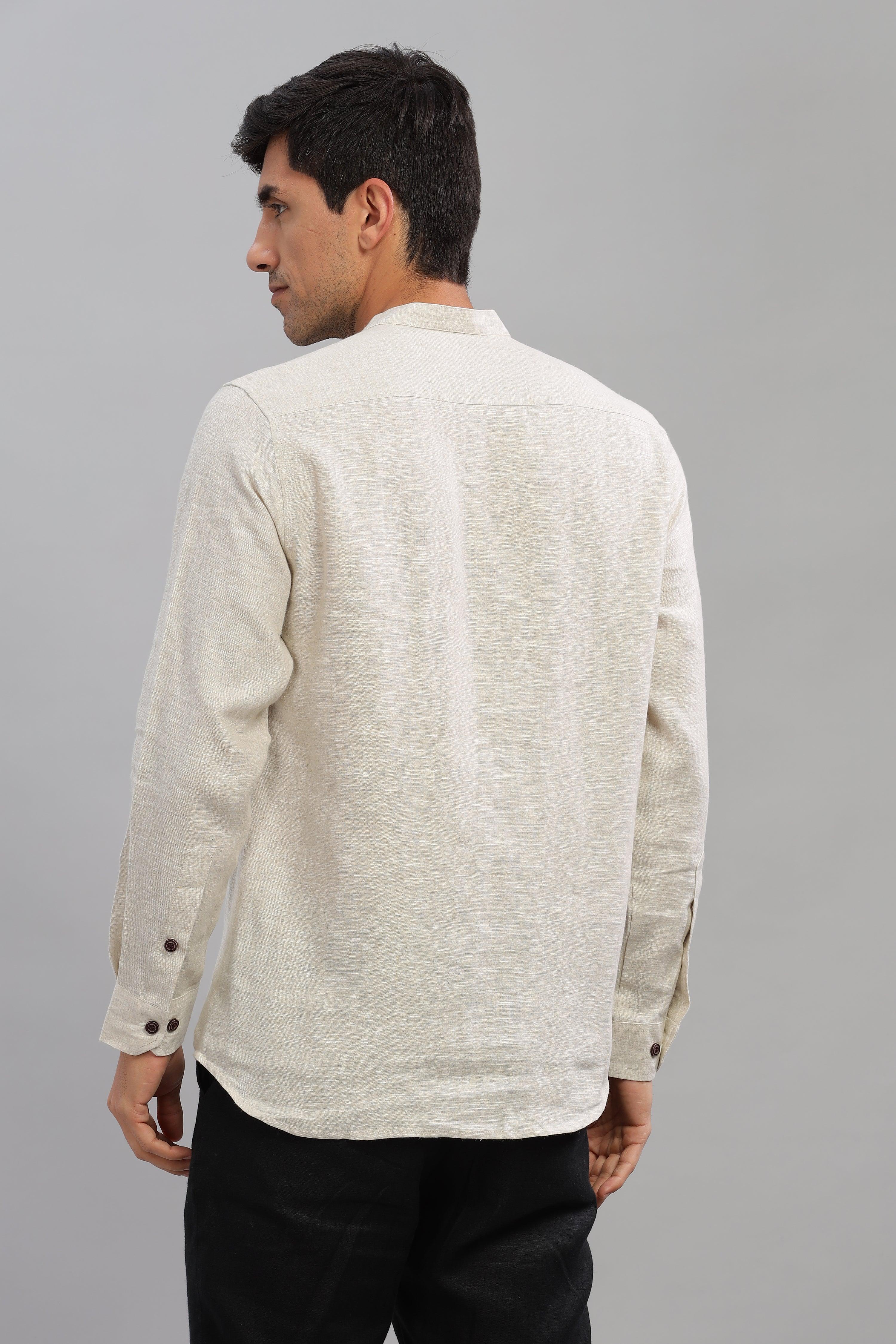 NILE Long Sleeves - 100% Pure Linen Half Placket Natural Shirt