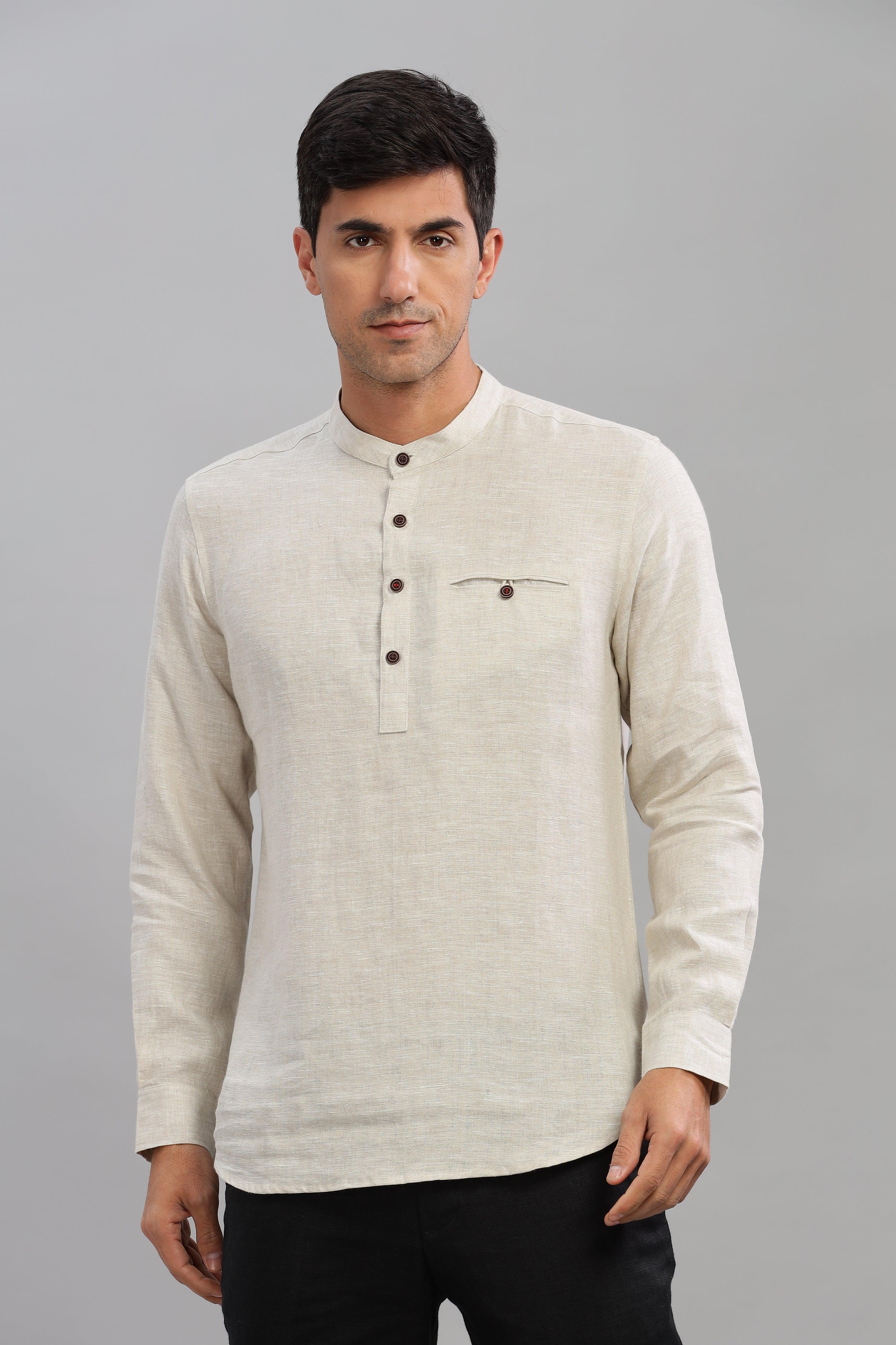 NILE Long Sleeves - 100% Pure Linen Half Placket Natural Shirt