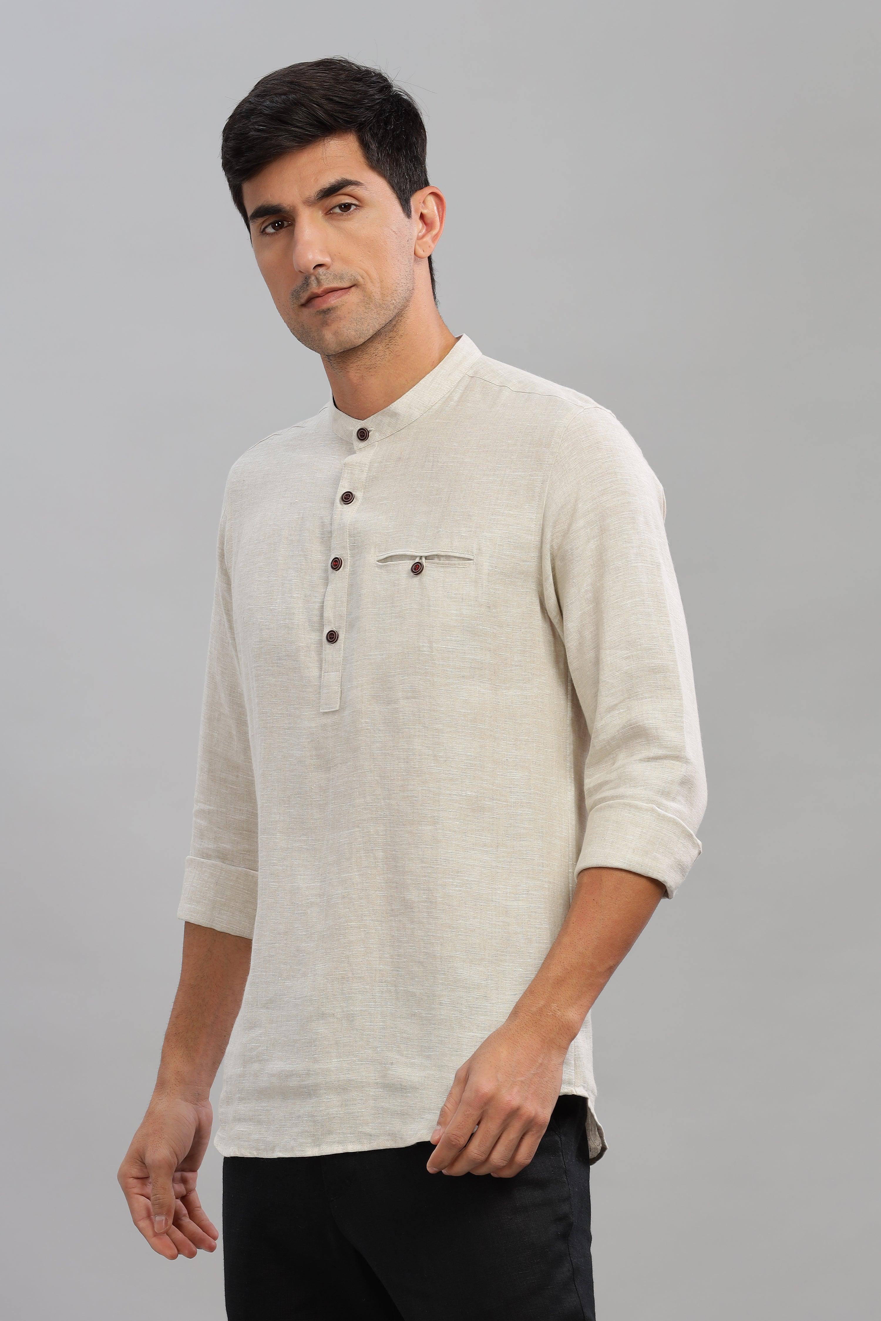 NILE Long Sleeves - 100% Pure Linen Half Placket Natural Shirt