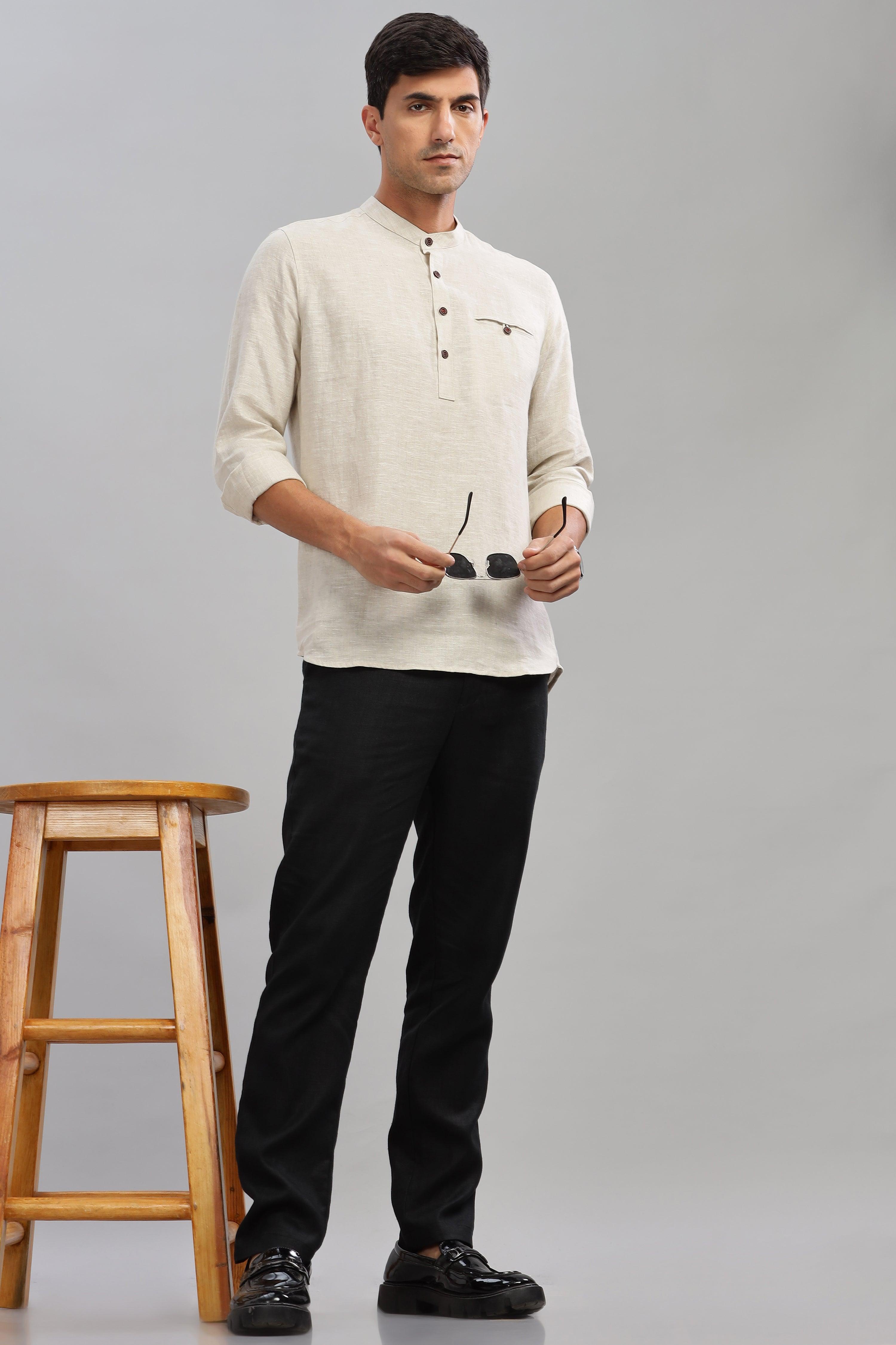 NILE Long Sleeves - 100% Pure Linen Half Placket Natural Shirt