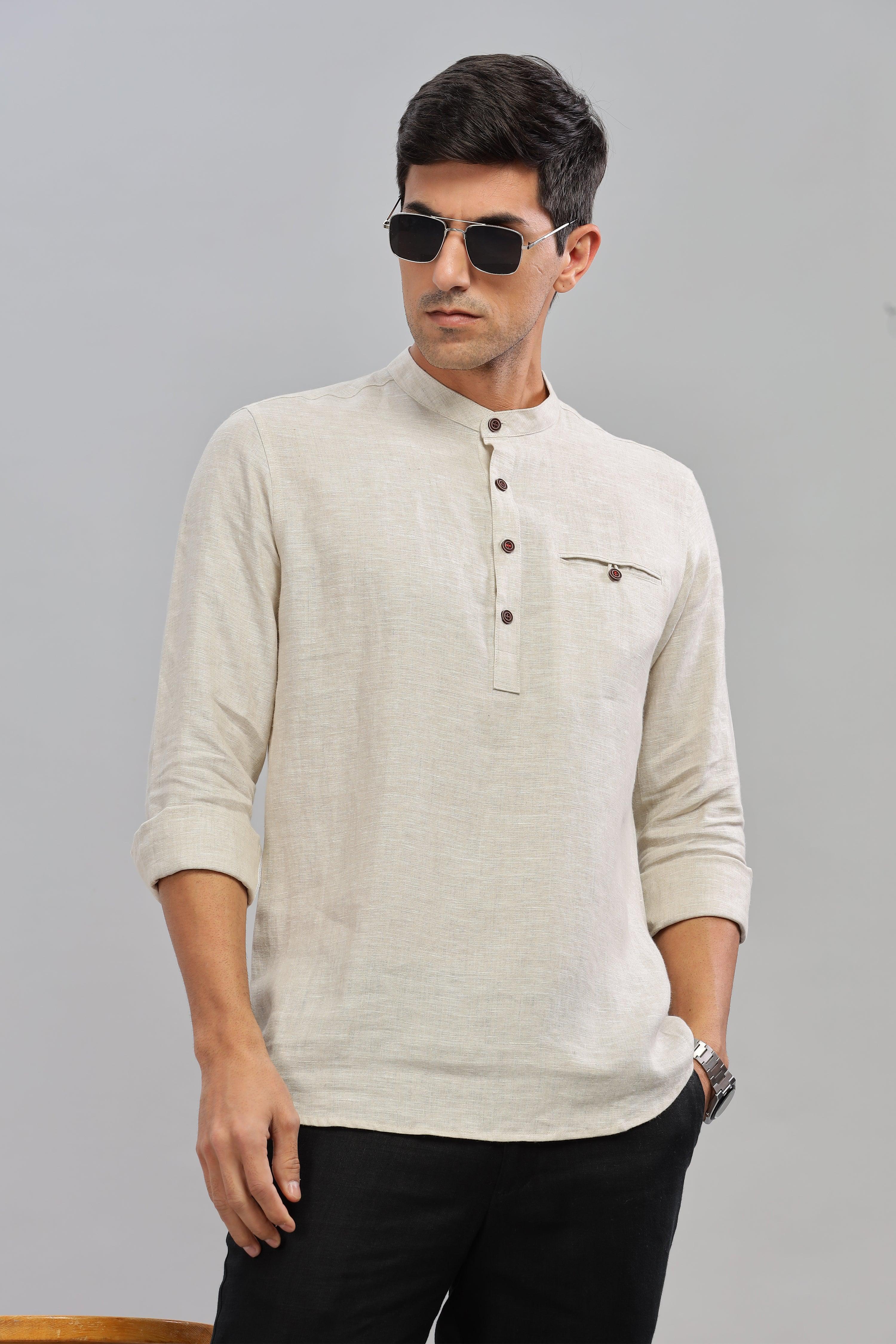 NILE Long Sleeves - 100% Pure Linen Half Placket Natural Shirt