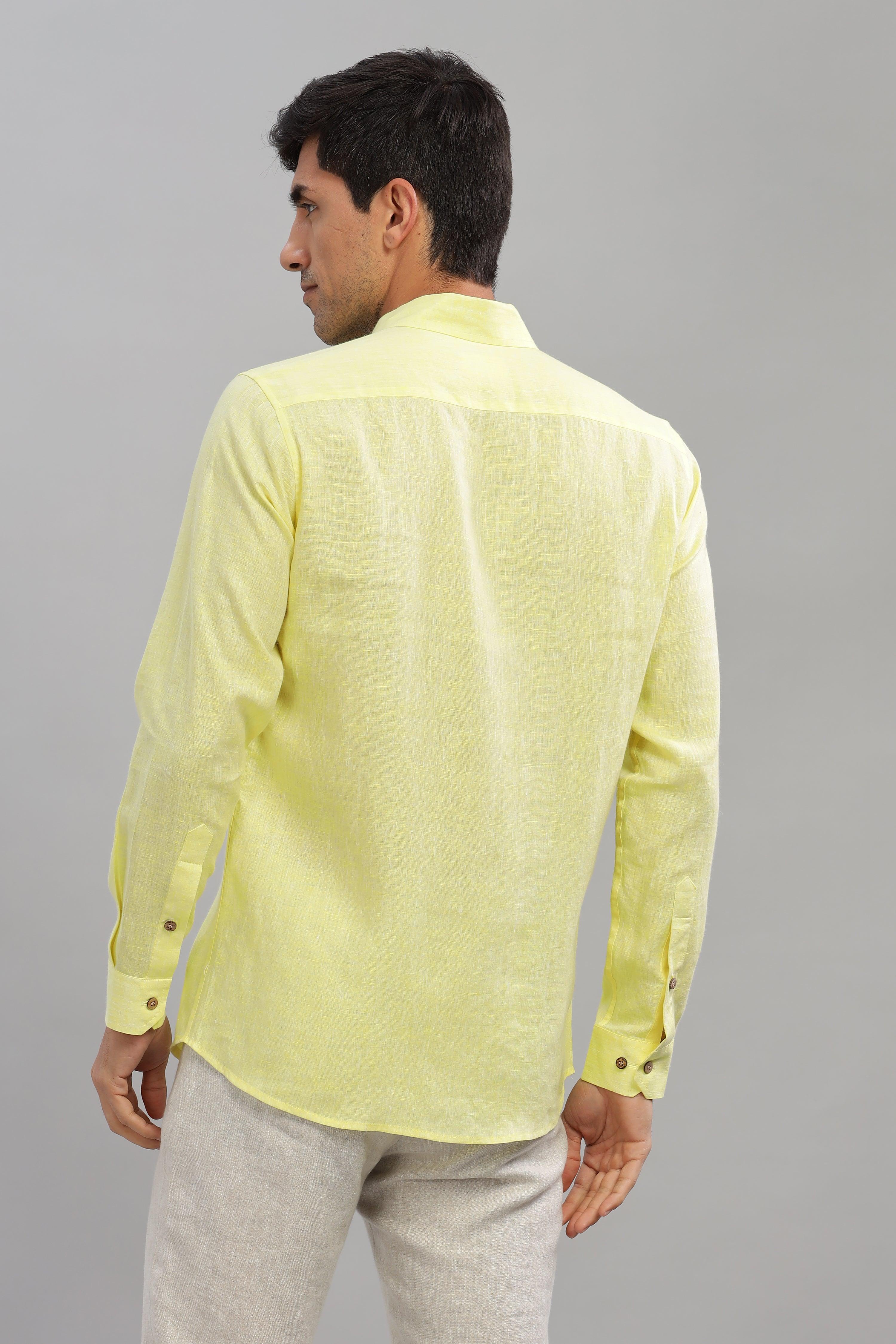 MARK Long Sleeves -100% Pure Linen Regular Collar Light Yellow Chambray Shirt
