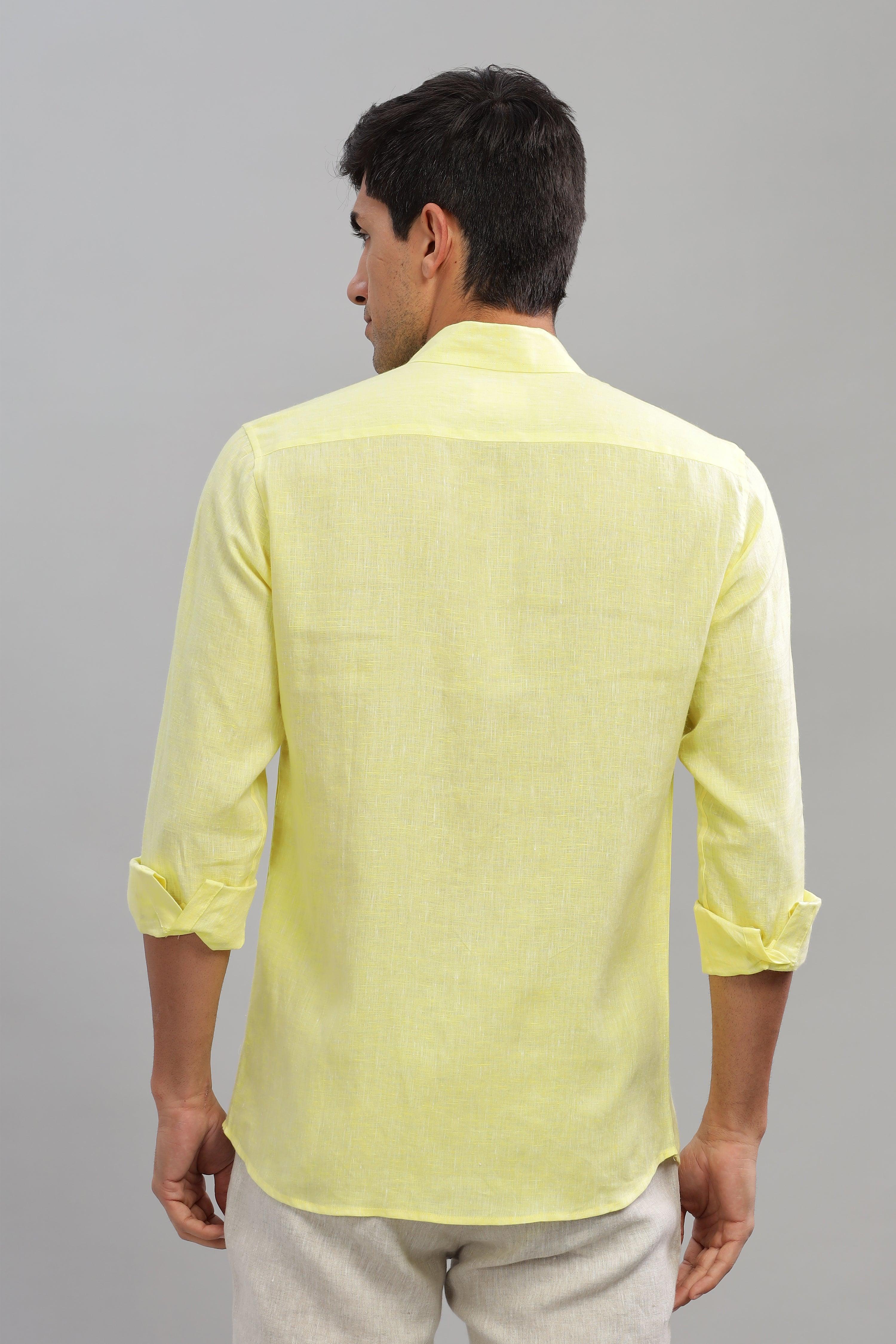 MARK Long Sleeves -100% Pure Linen Regular Collar Light Yellow Chambray Shirt