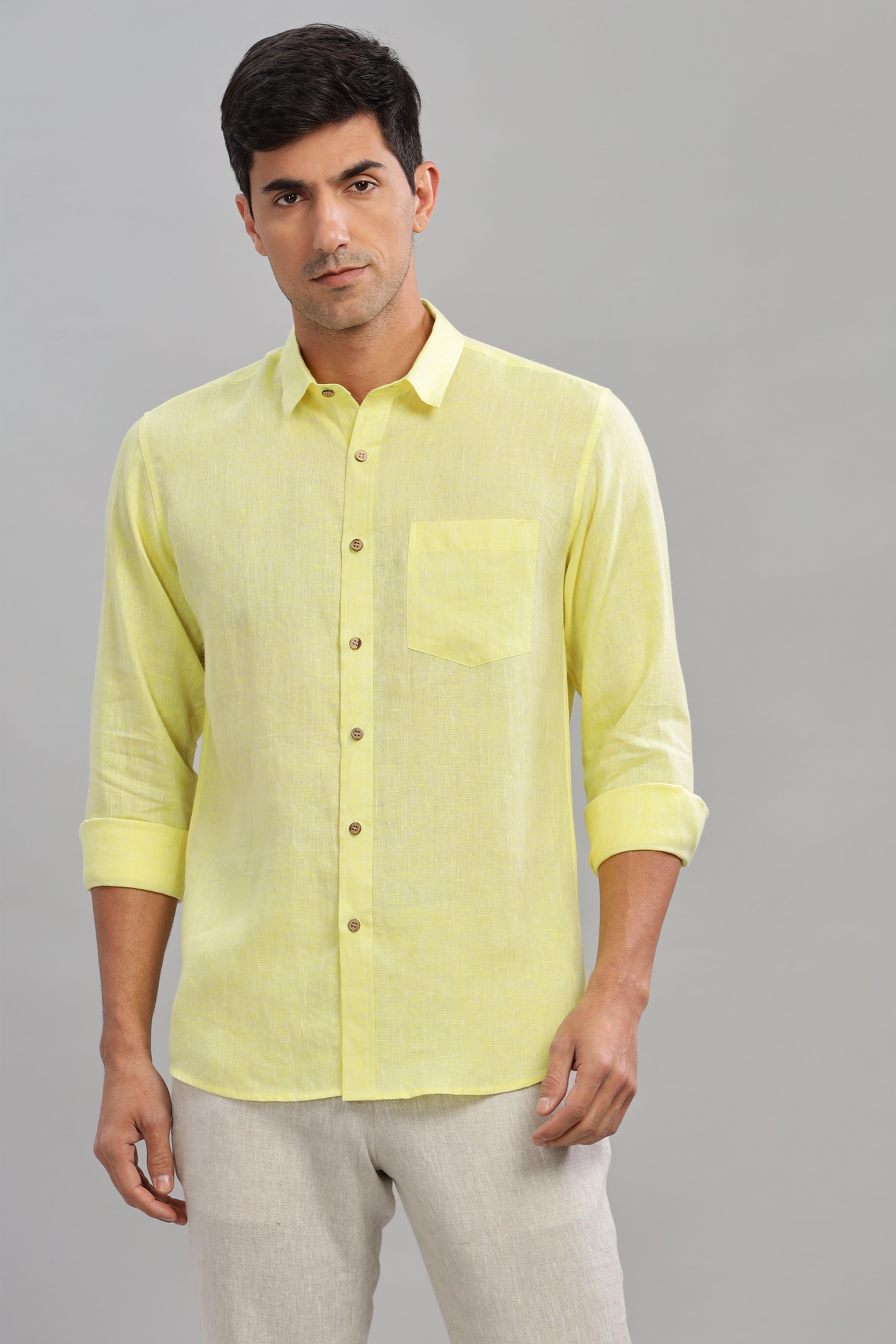 MARK Long Sleeves -100% Pure Linen Regular Collar Light Yellow Chambray Shirt