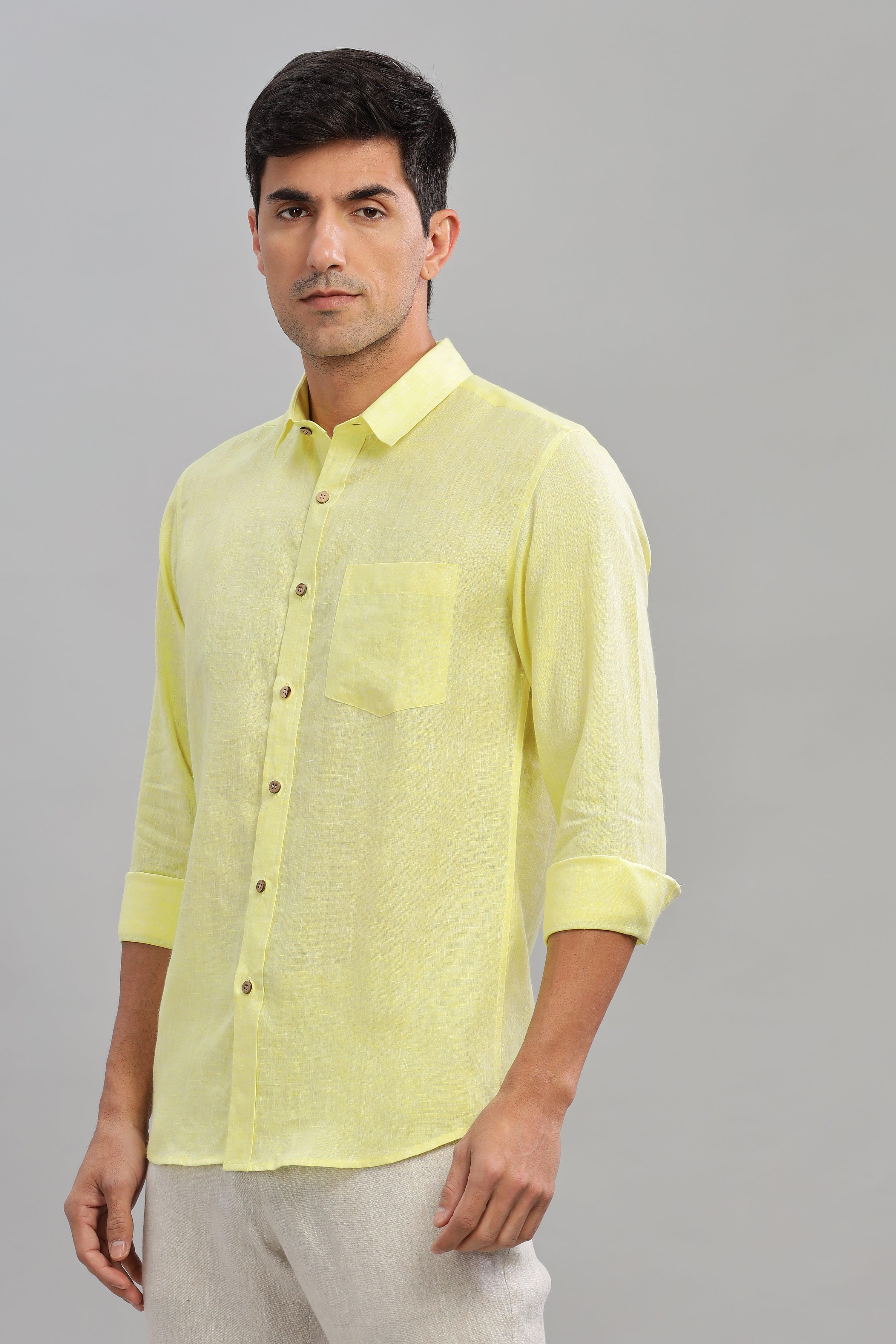 MARK Long Sleeves -100% Pure Linen Regular Collar Light Yellow Chambray Shirt