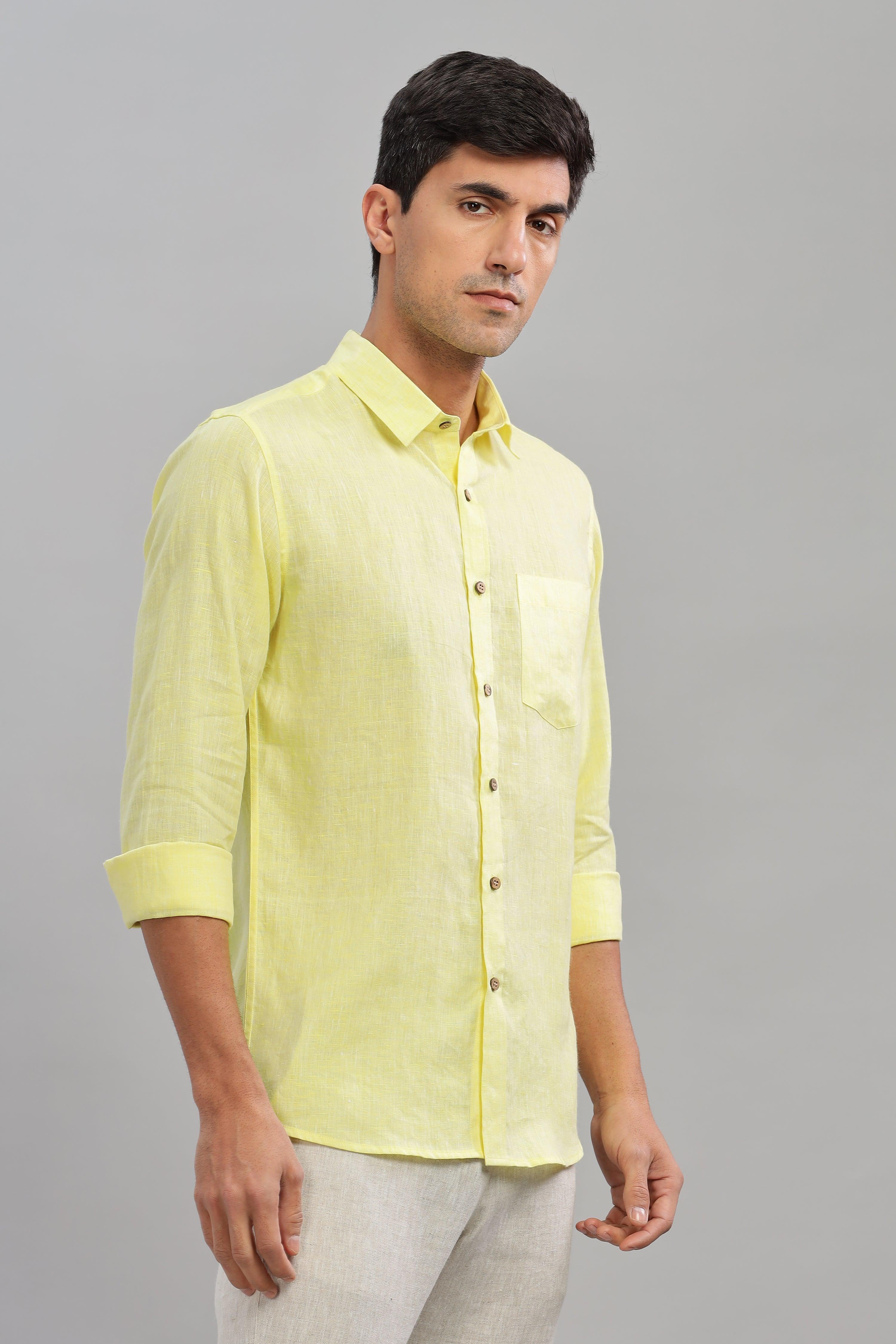 MARK Long Sleeves -100% Pure Linen Regular Collar Light Yellow Chambray Shirt