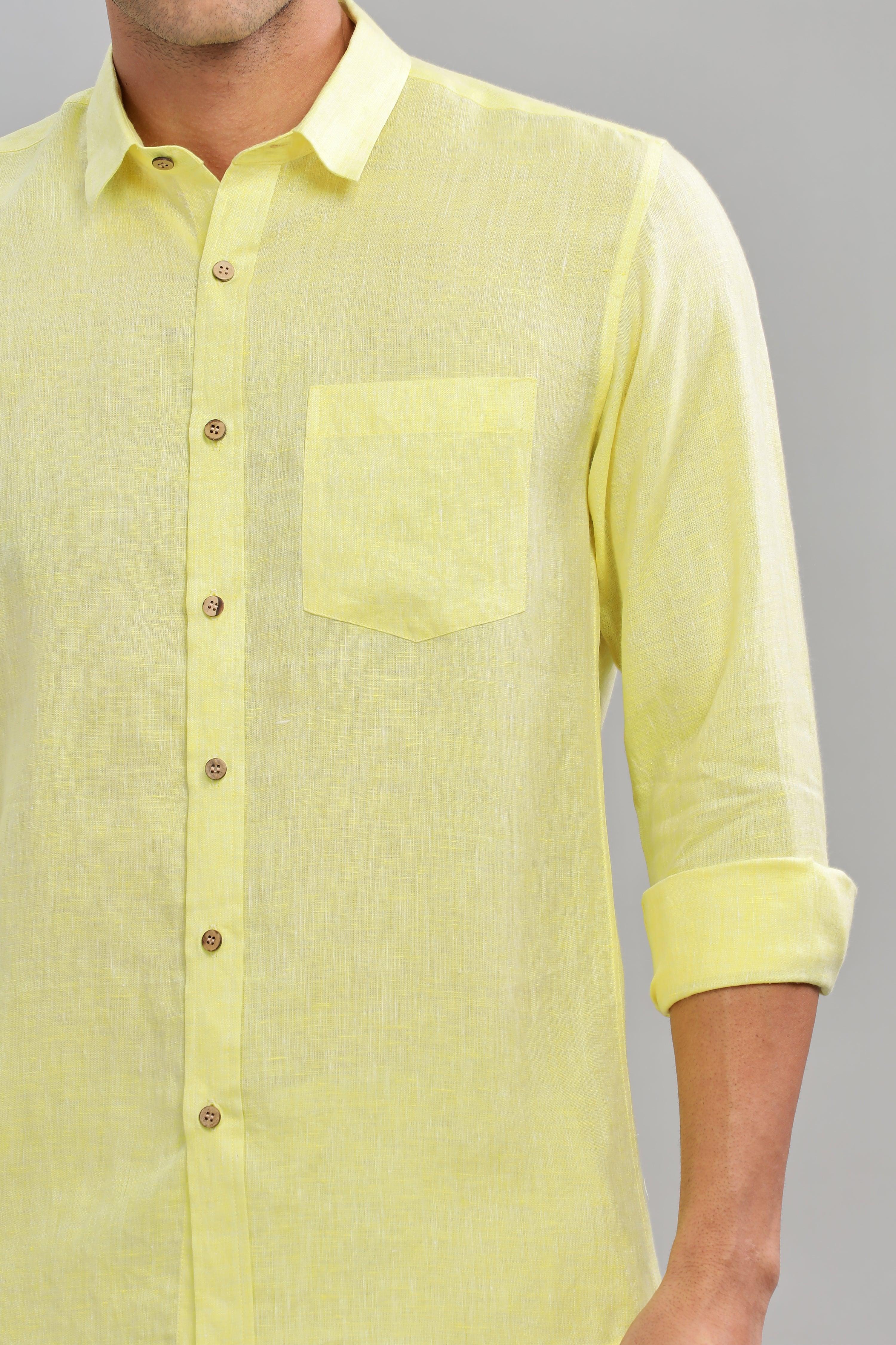 MARK Long Sleeves -100% Pure Linen Regular Collar Light Yellow Chambray Shirt