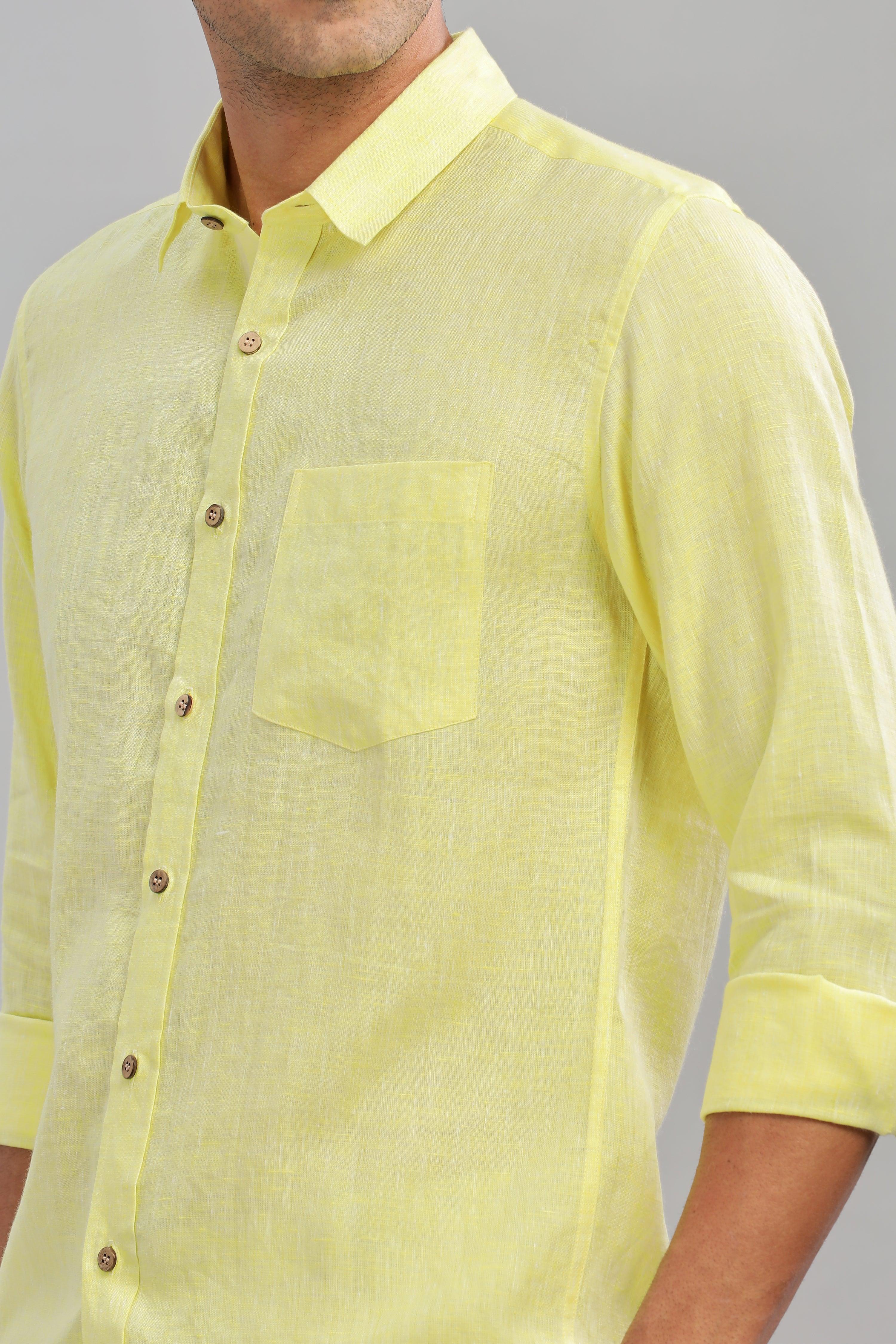 MARK Long Sleeves -100% Pure Linen Regular Collar Light Yellow Chambray Shirt