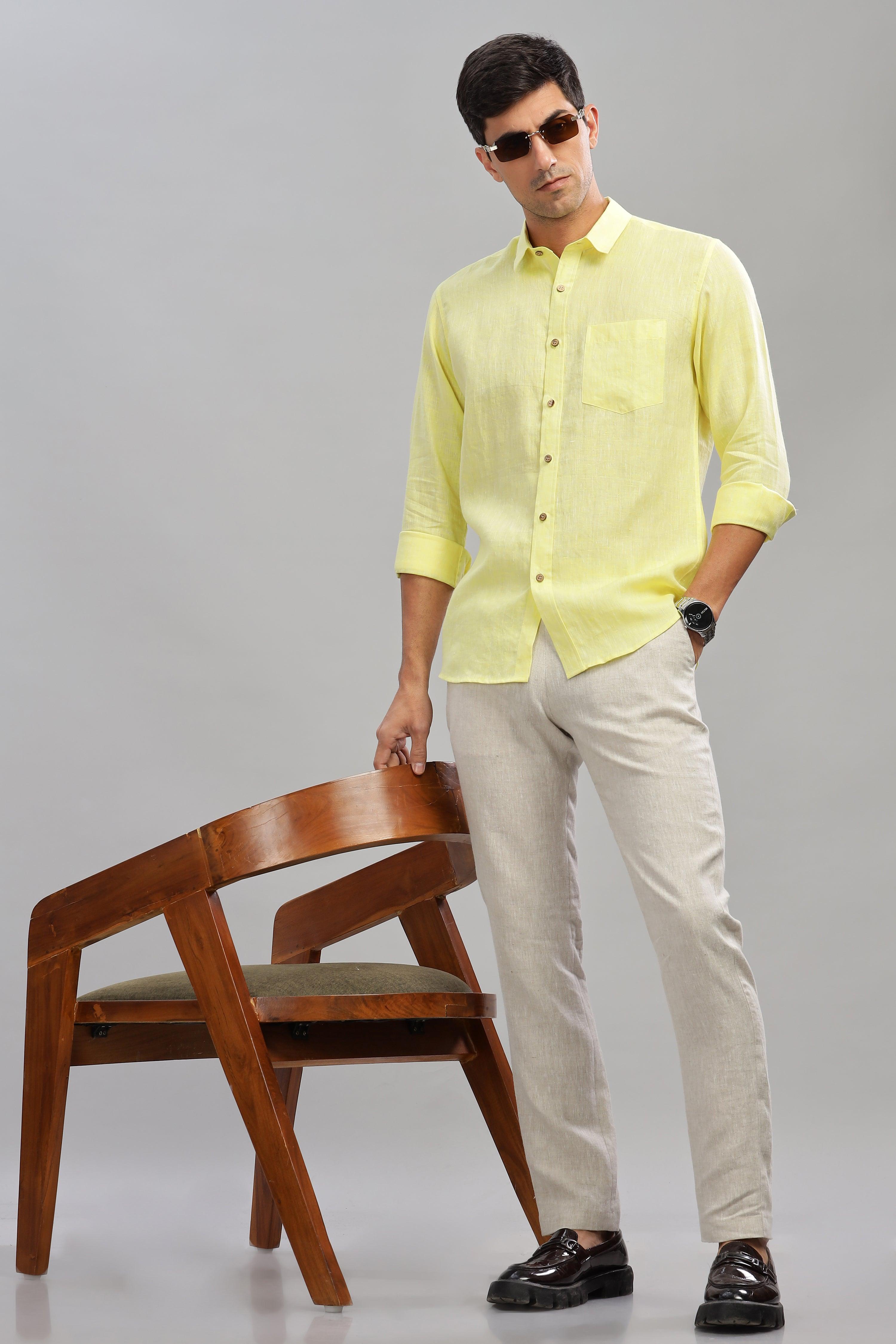 MARK Long Sleeves -100% Pure Linen Regular Collar Light Yellow Chambray Shirt