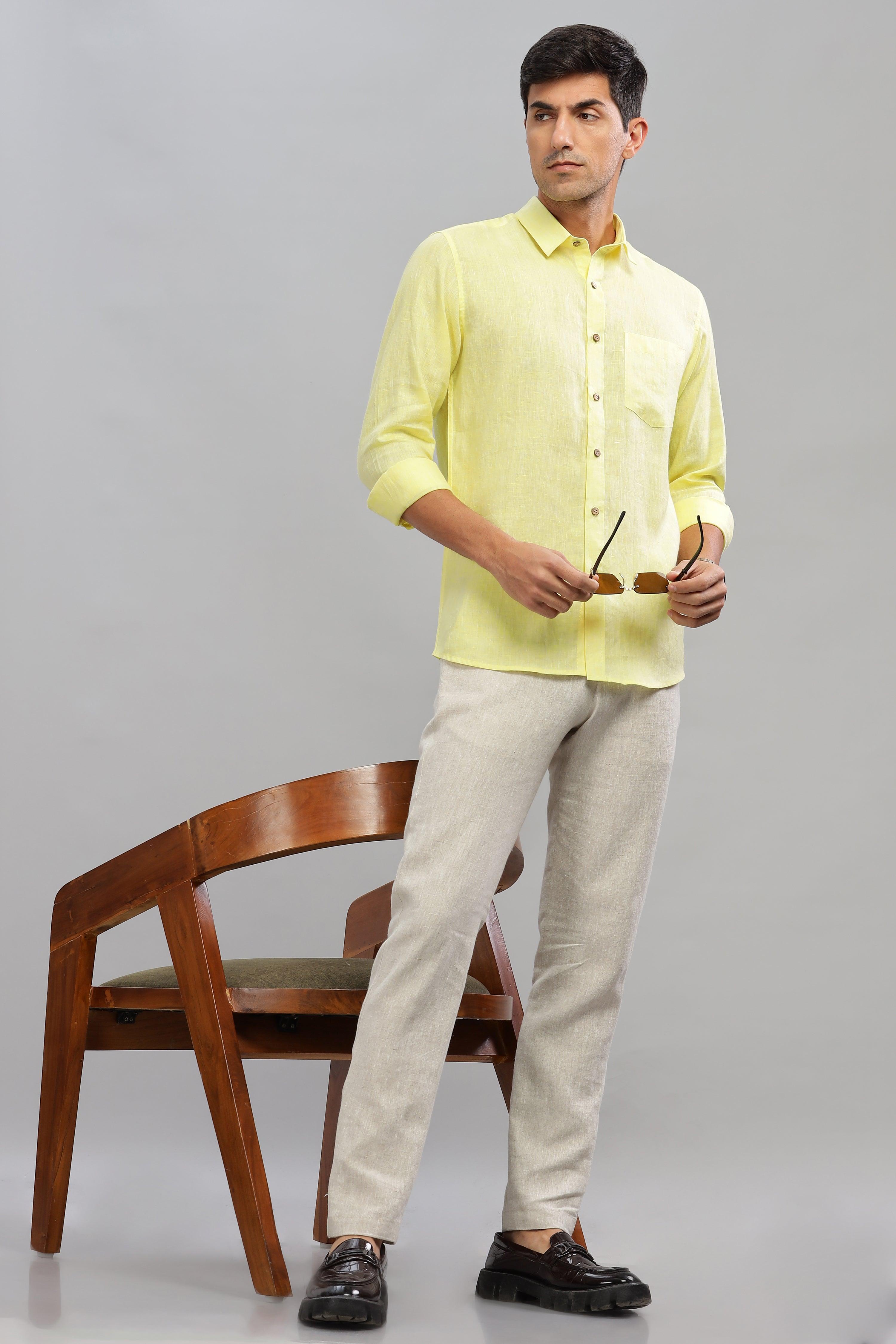 MARK Long Sleeves -100% Pure Linen Regular Collar Light Yellow Chambray Shirt