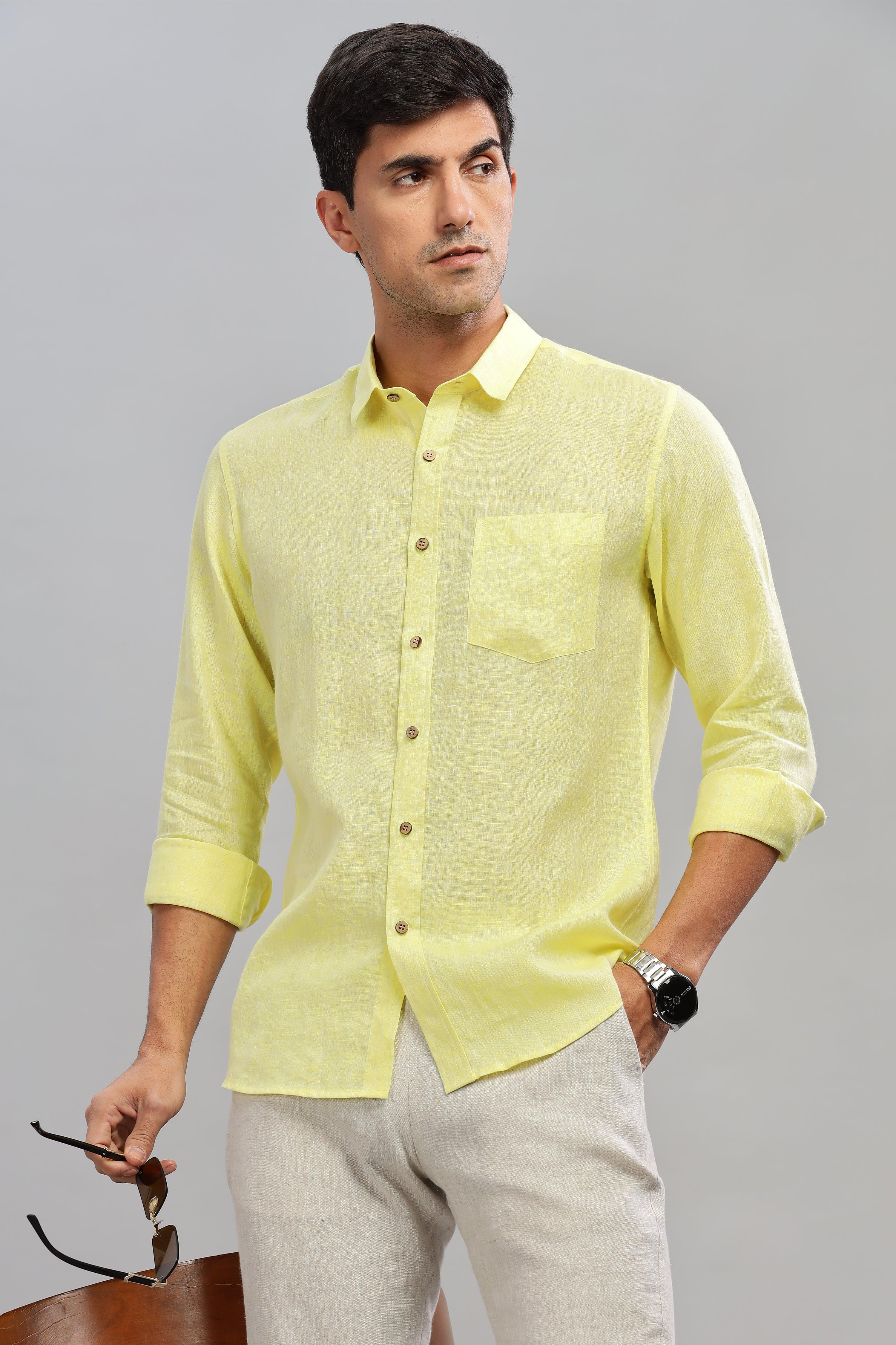 MARK Long Sleeves -100% Pure Linen Regular Collar Light Yellow Chambray Shirt