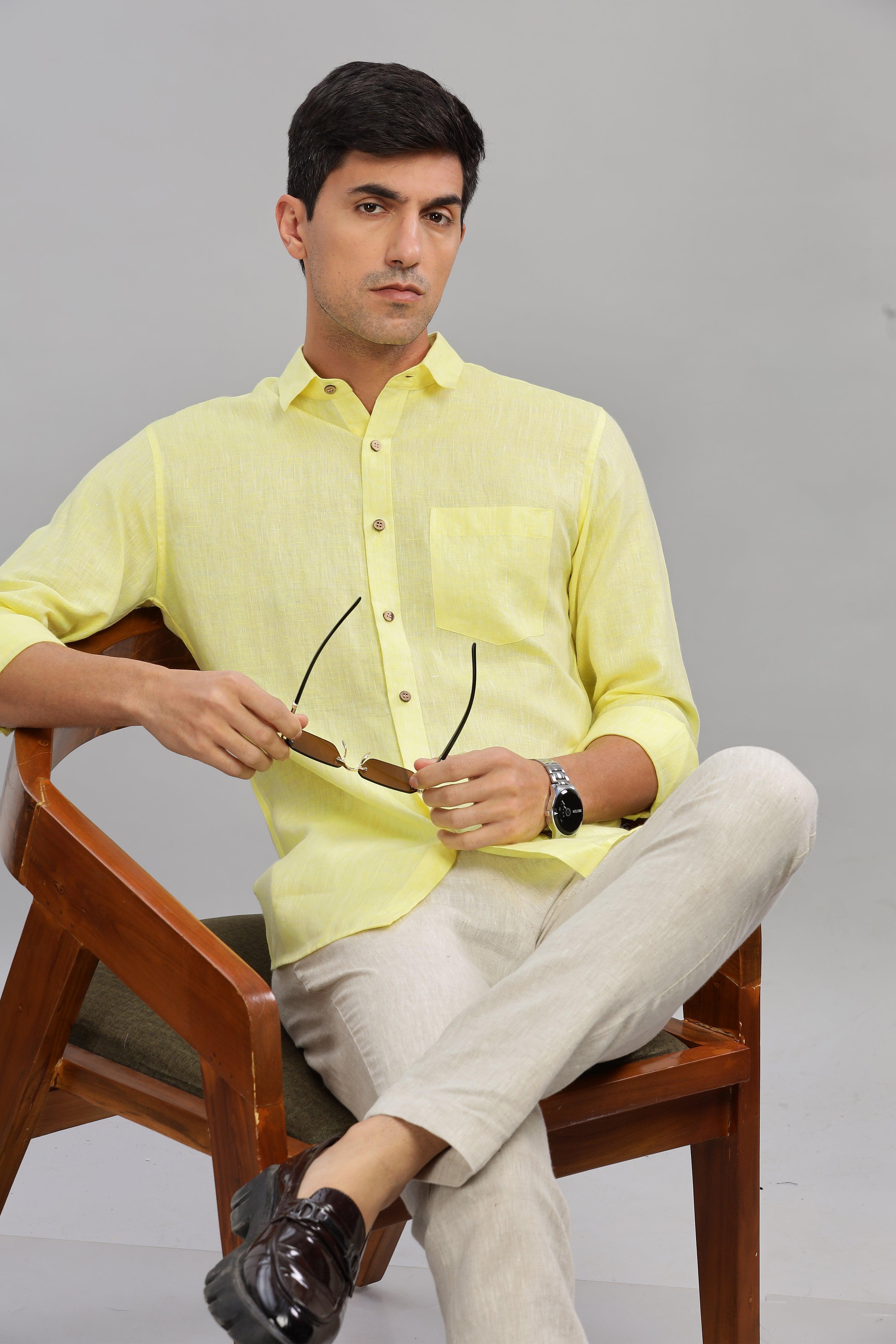 MARK Long Sleeves -100% Pure Linen Regular Collar Light Yellow Chambray Shirt