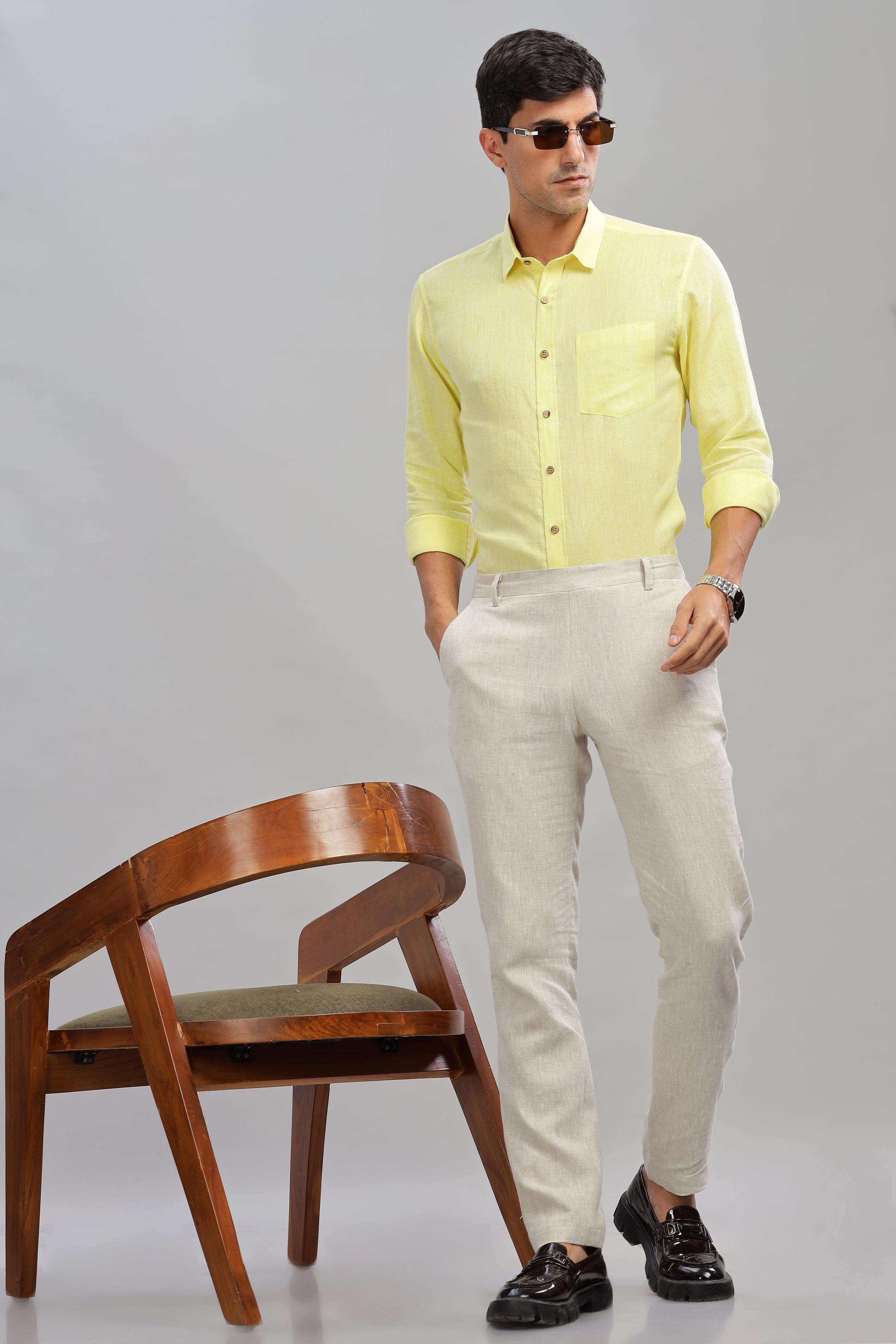 MARK Long Sleeves -100% Pure Linen Regular Collar Light Yellow Chambray Shirt