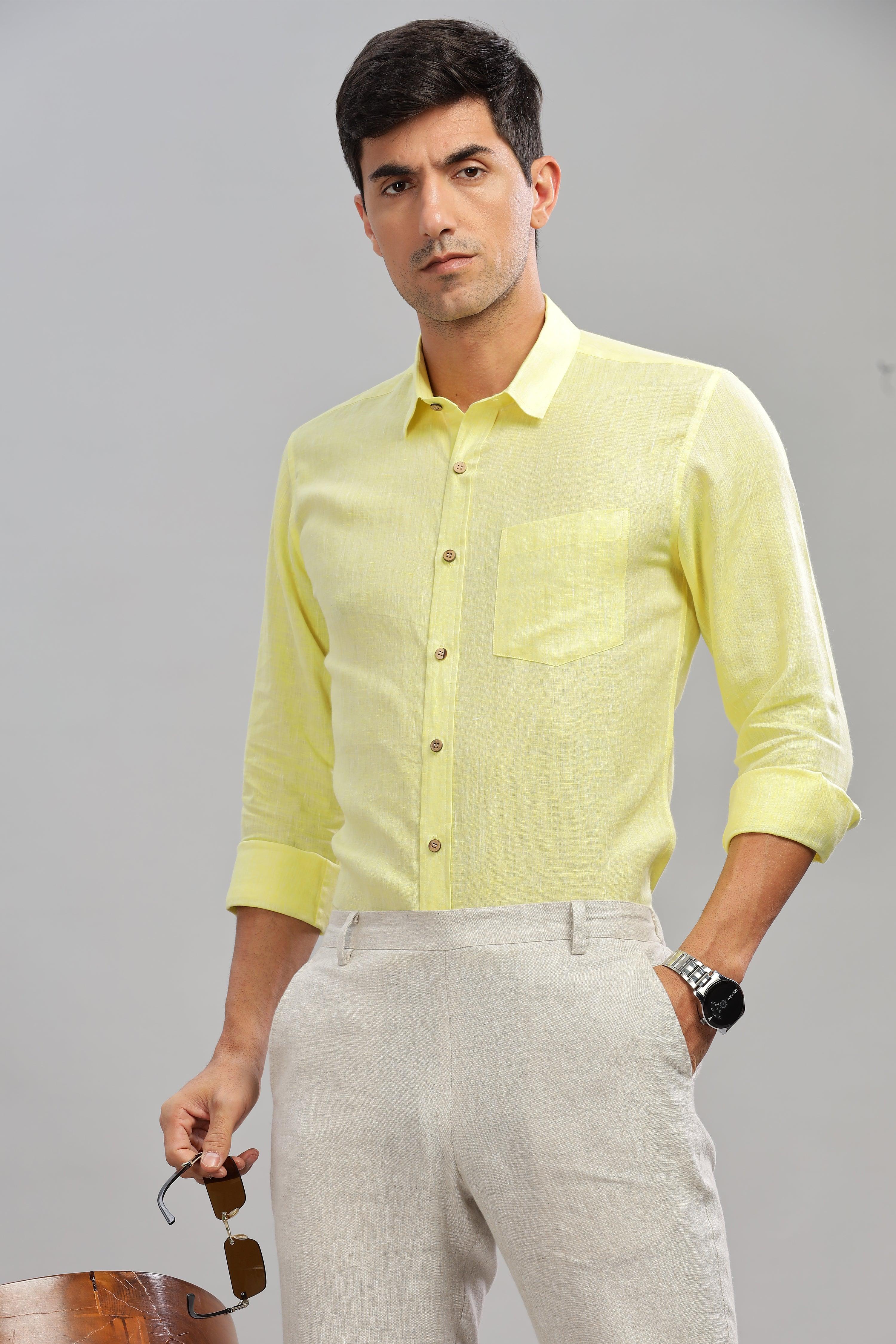 MARK Long Sleeves -100% Pure Linen Regular Collar Light Yellow Chambray Shirt
