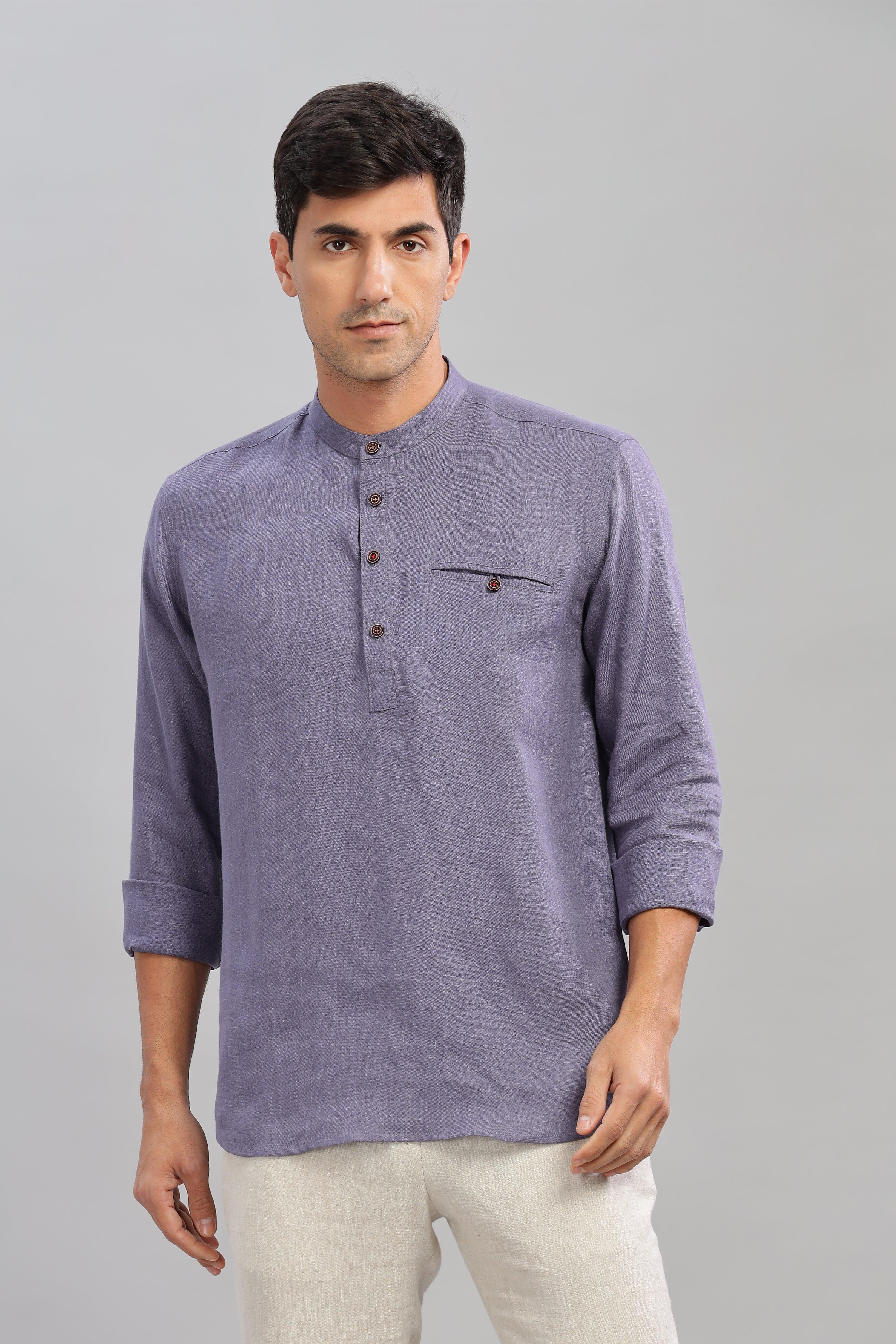 NILE Long Sleeves - 100% Pure Linen Half Placket Pitch Blue Shirt