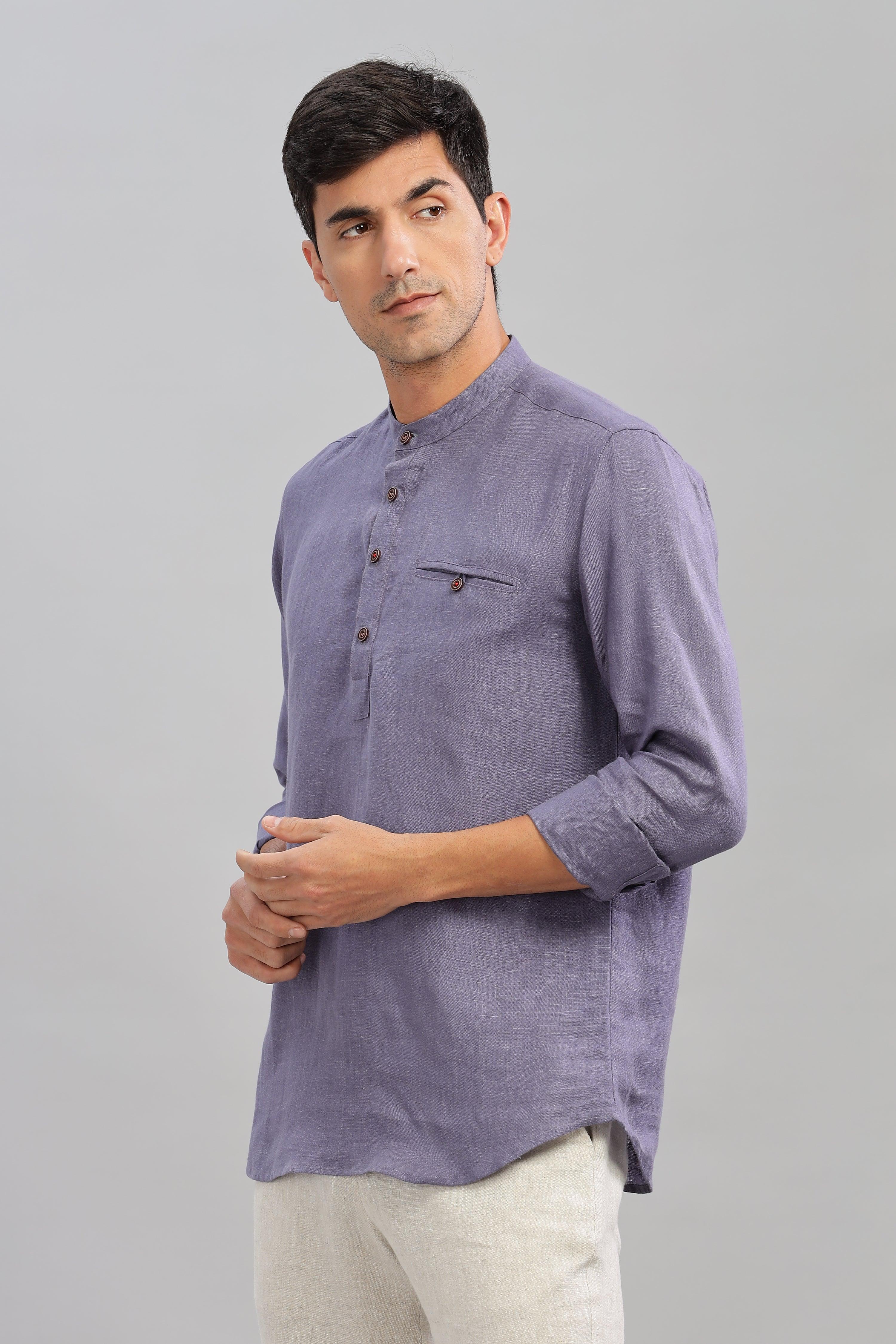 NILE Long Sleeves - 100% Pure Linen Half Placket Pitch Blue Shirt
