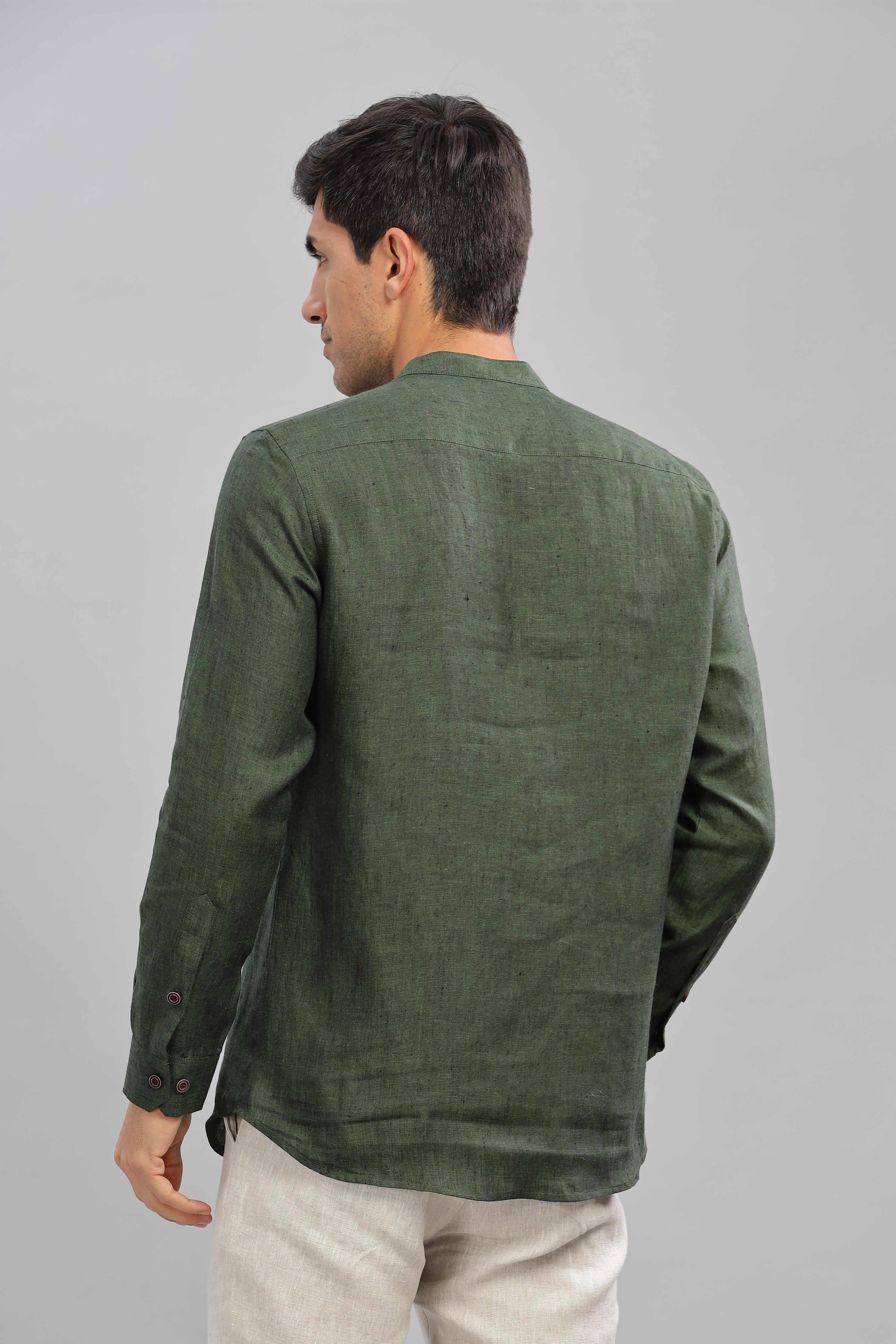NILE Long Sleeves - 100% Pure Linen Half Placket Dark Green Chambray Shirt