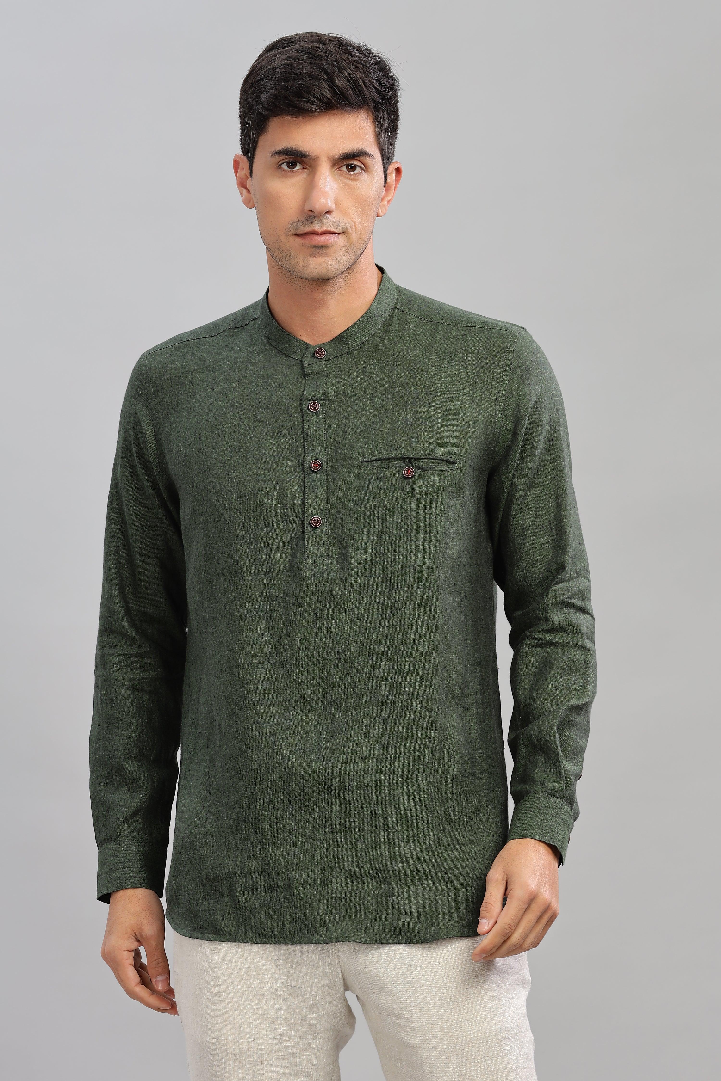 NILE Long Sleeves - 100% Pure Linen Half Placket Dark Green Chambray Shirt