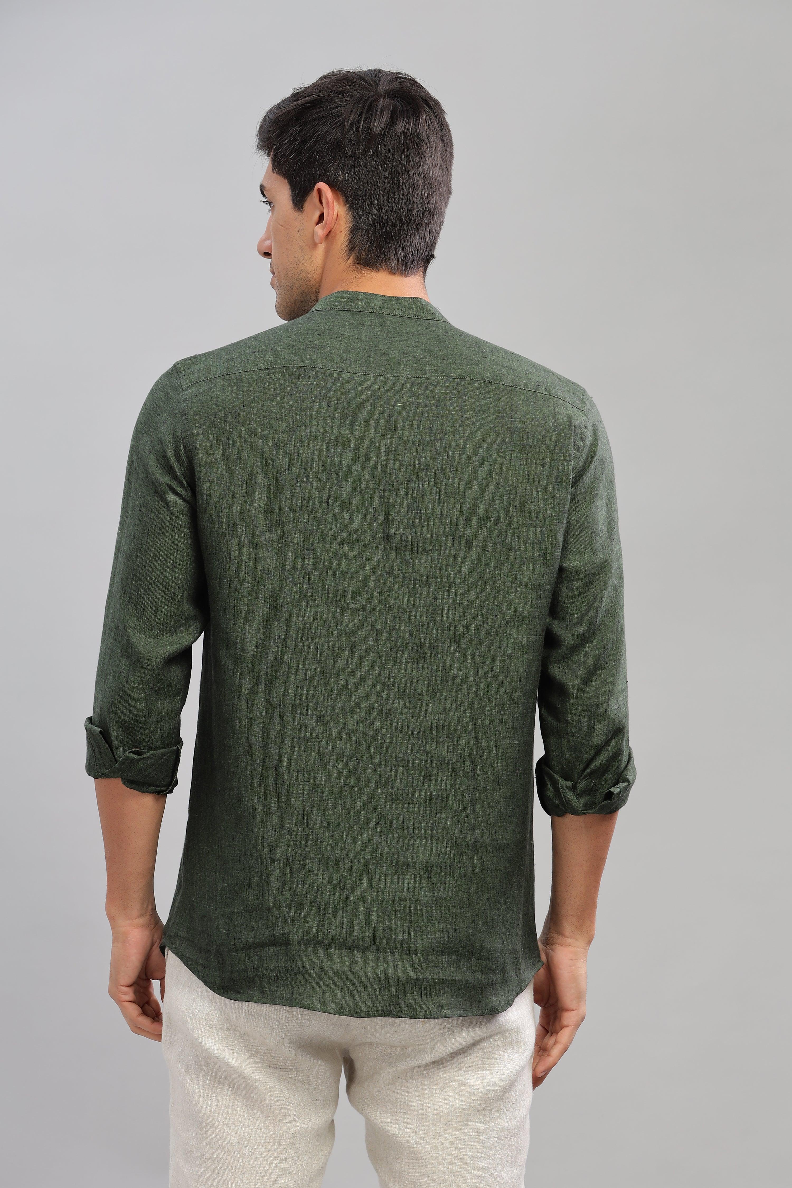 NILE Long Sleeves - 100% Pure Linen Half Placket Dark Green Chambray Shirt