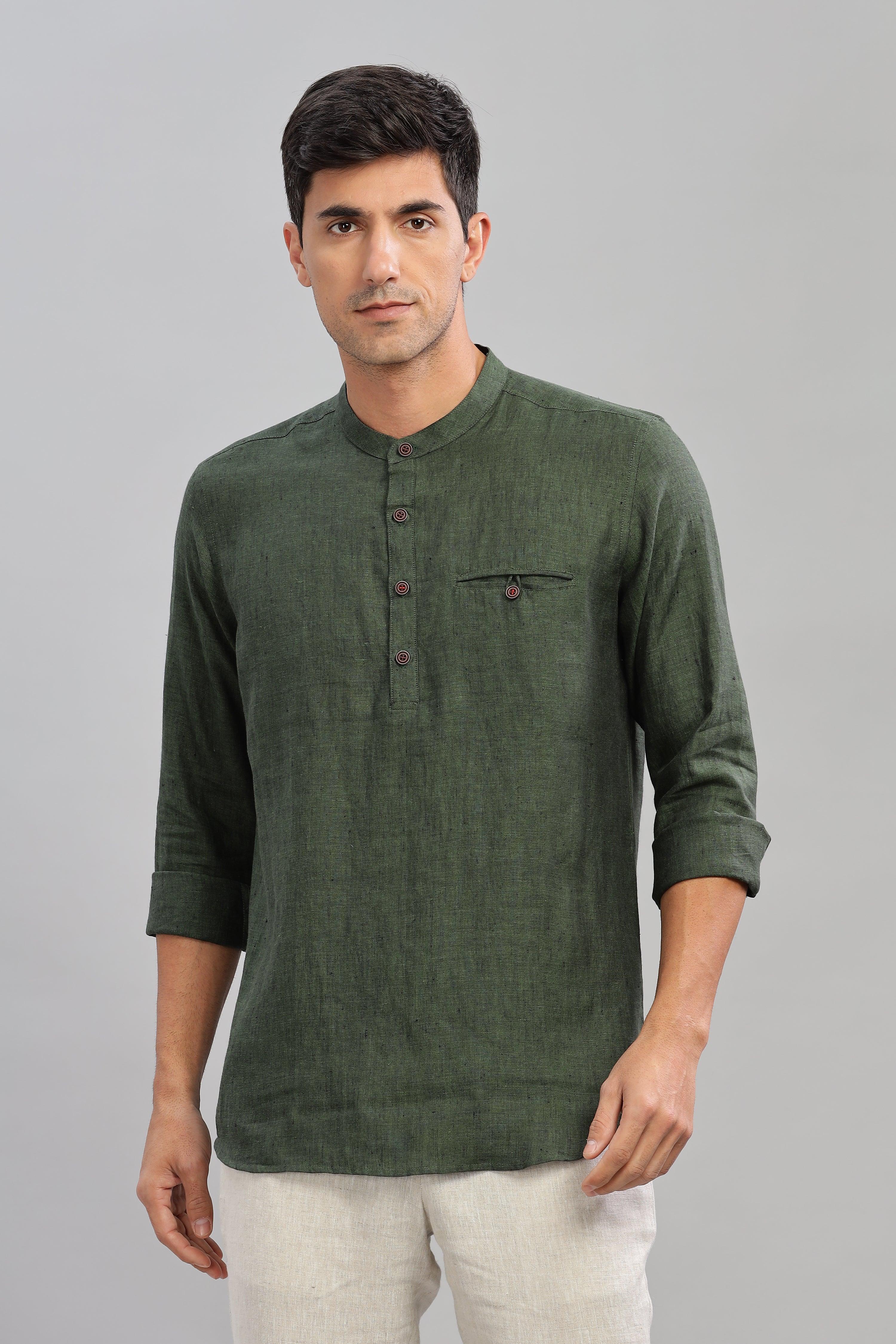 NILE Long Sleeves - 100% Pure Linen Half Placket Dark Green Chambray Shirt