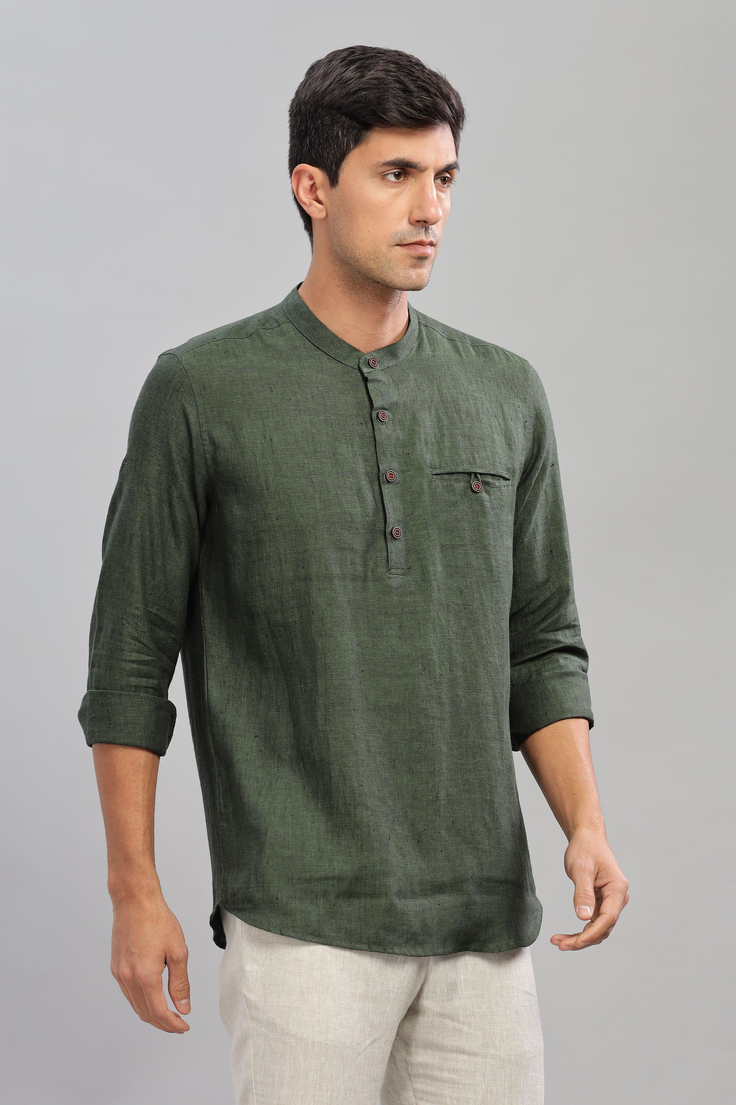 NILE Long Sleeves - 100% Pure Linen Half Placket Dark Green Chambray Shirt