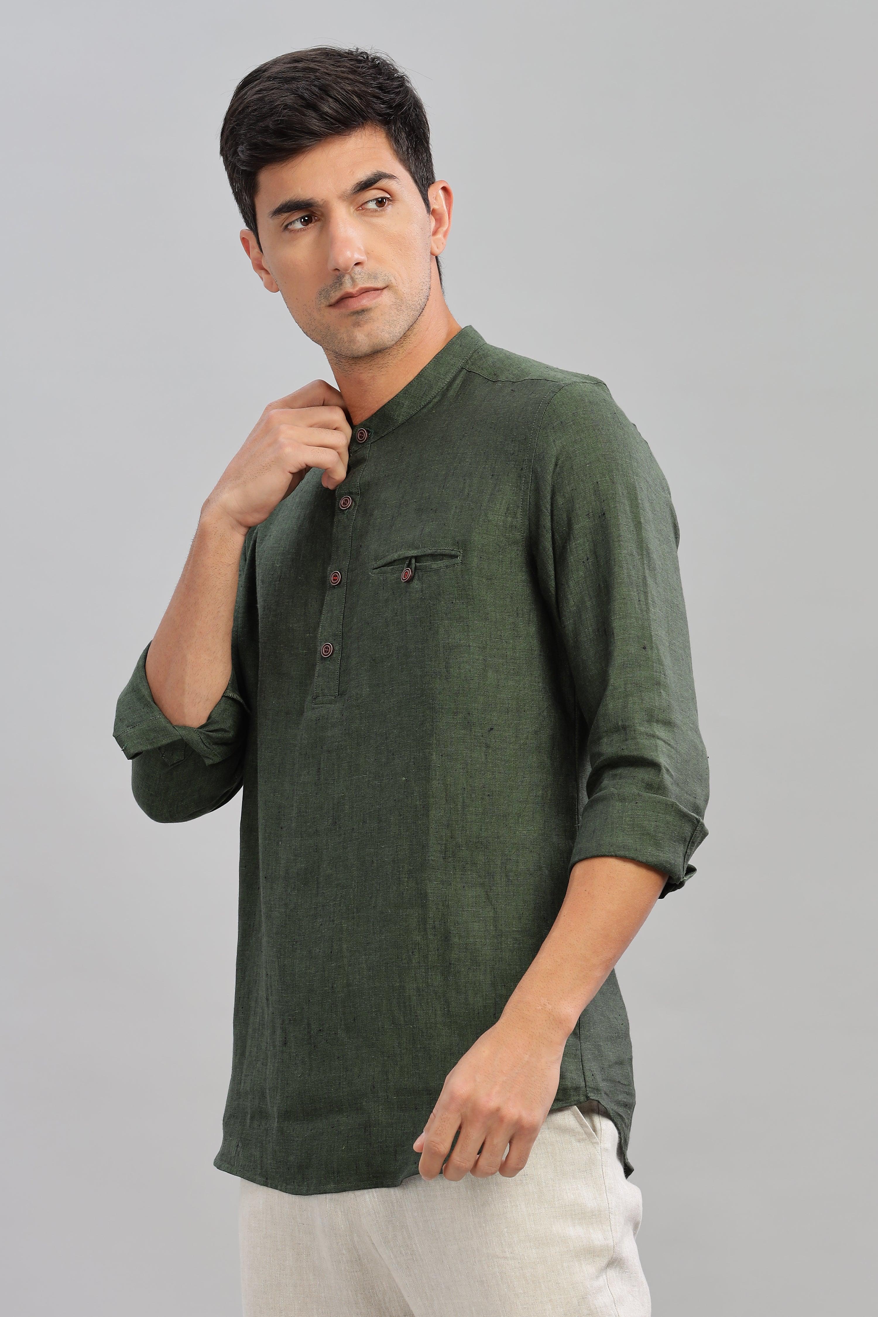 NILE Long Sleeves - 100% Pure Linen Half Placket Dark Green Chambray Shirt