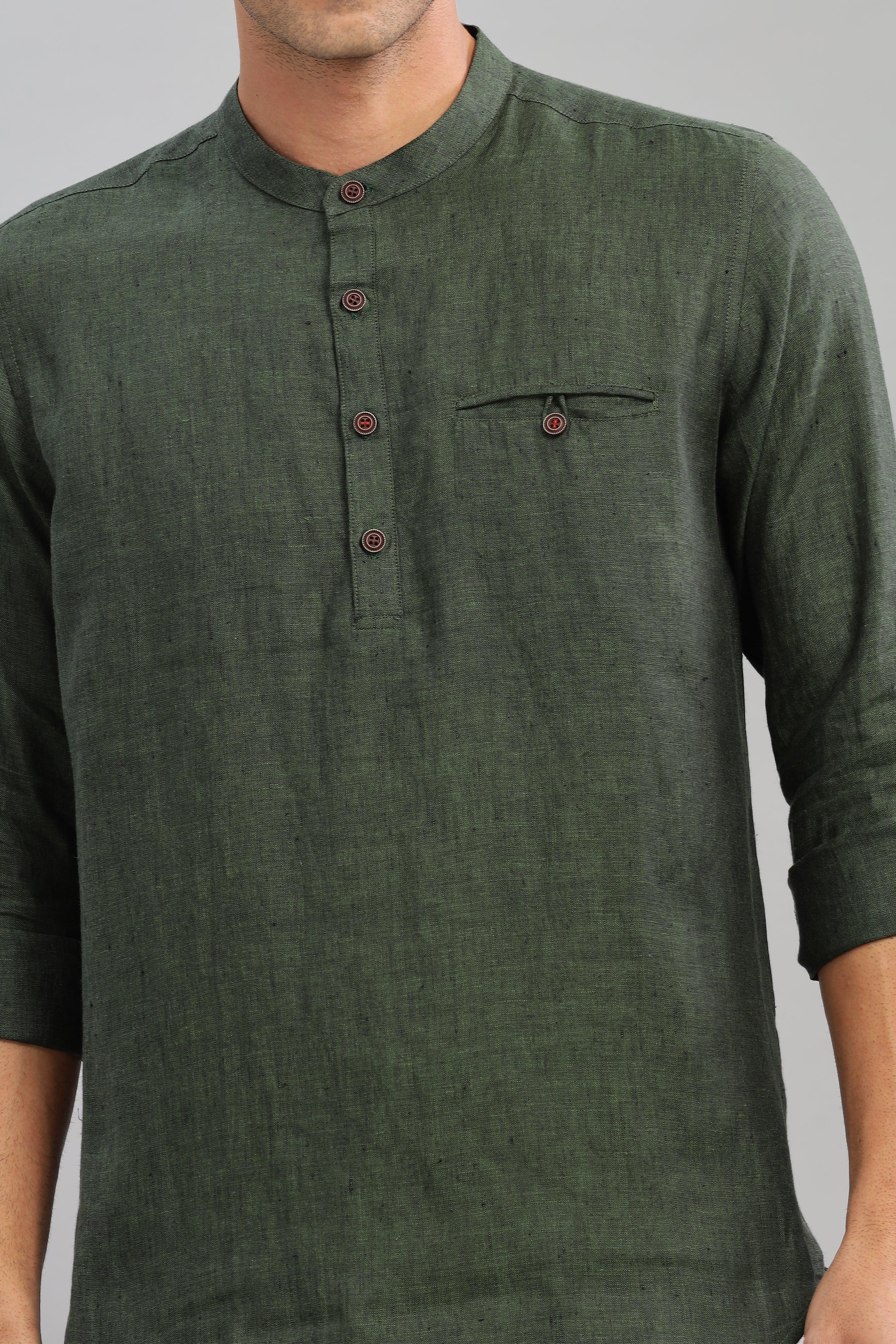 NILE Long Sleeves - 100% Pure Linen Half Placket Dark Green Chambray Shirt