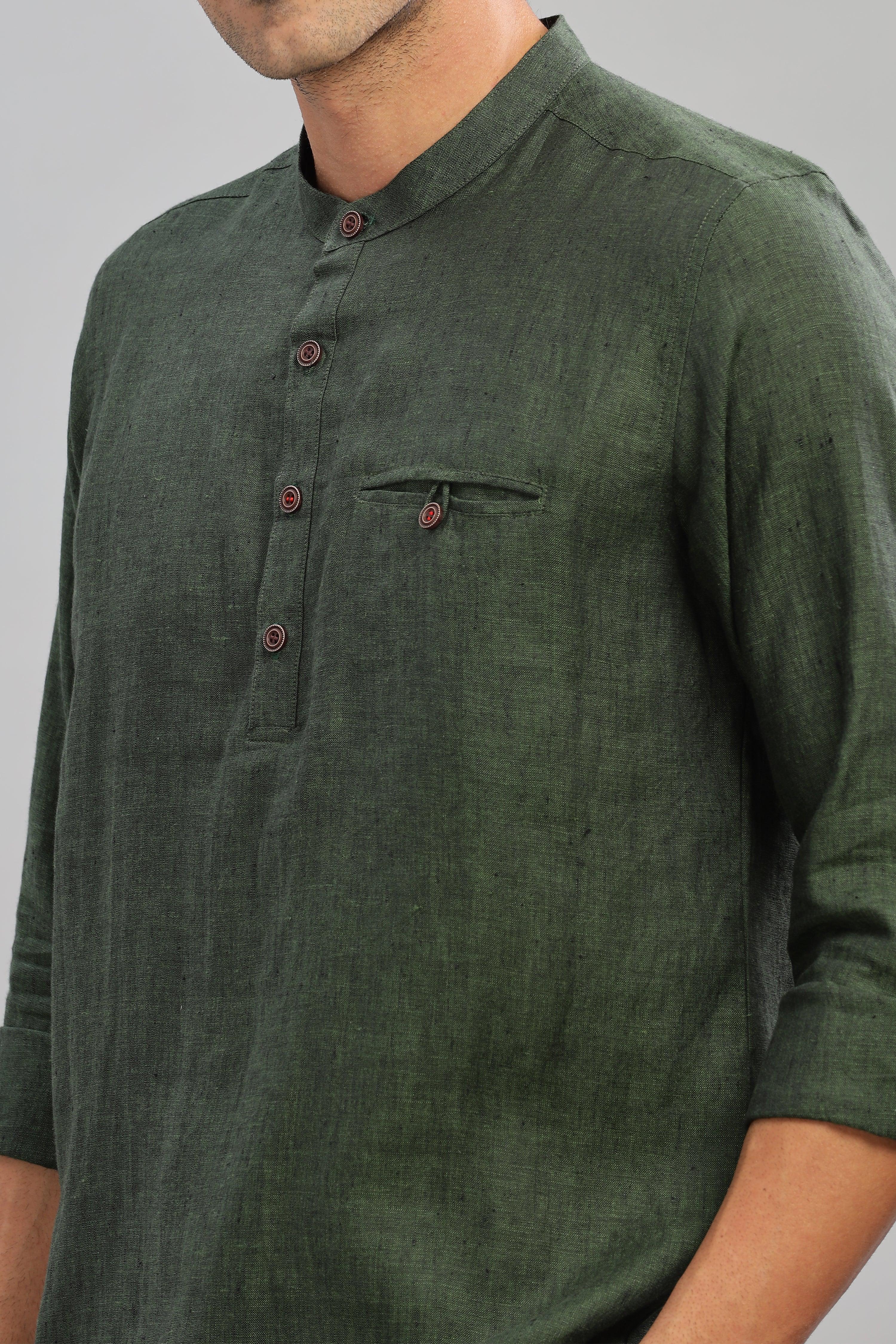 NILE Long Sleeves - 100% Pure Linen Half Placket Dark Green Chambray Shirt