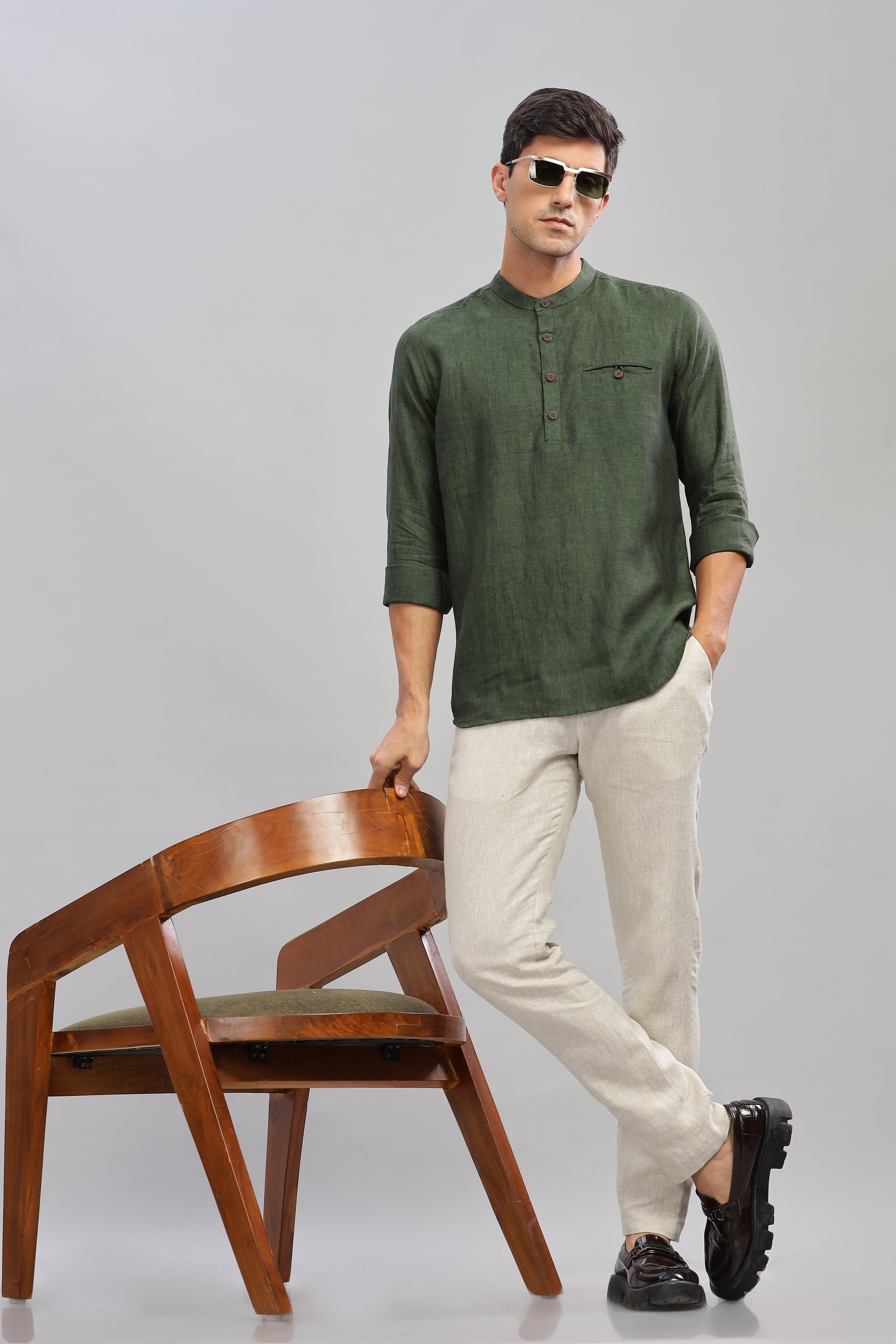 NILE Long Sleeves - 100% Pure Linen Half Placket Dark Green Chambray Shirt