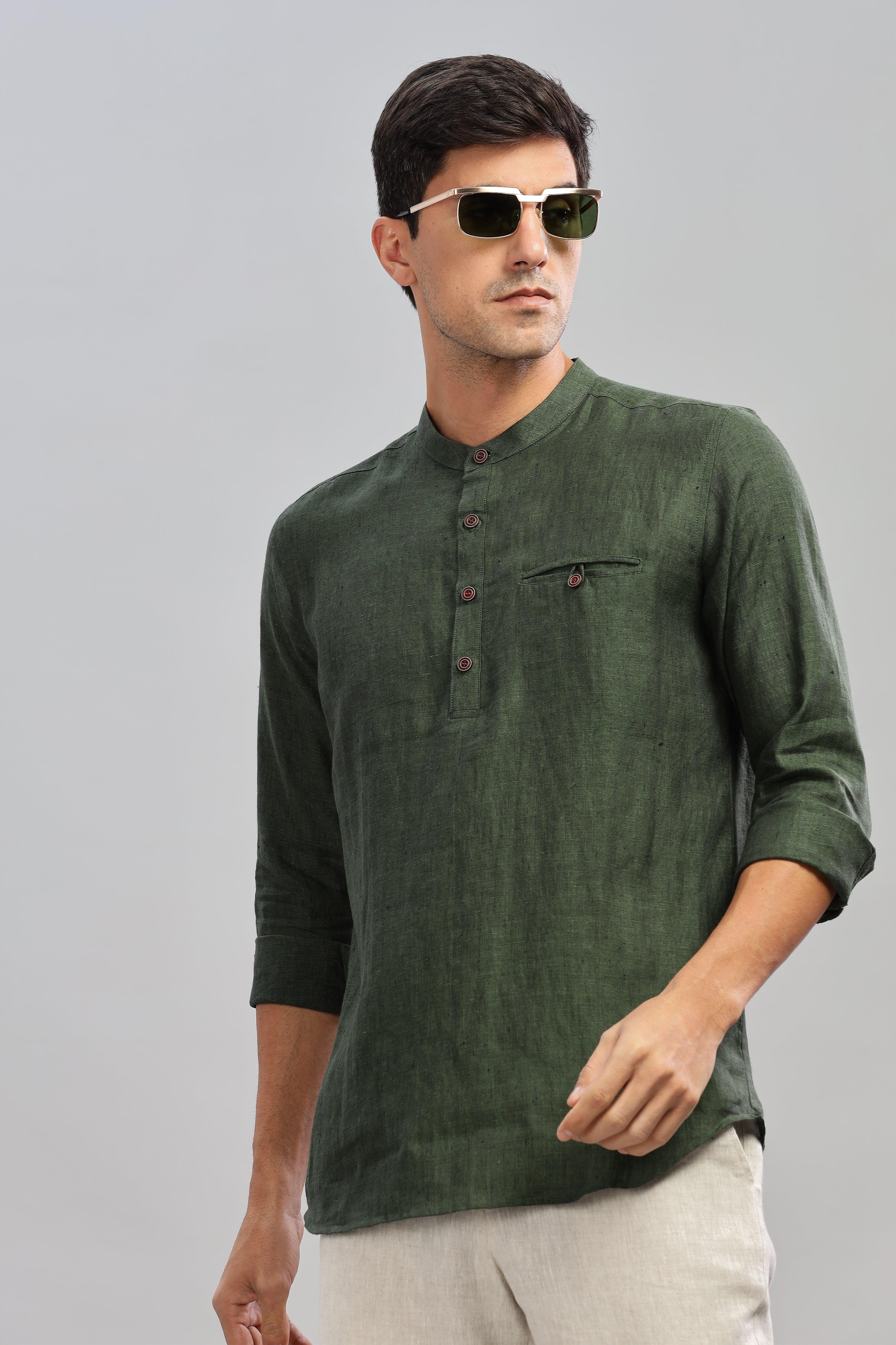 NILE Long Sleeves - 100% Pure Linen Half Placket Dark Green Chambray Shirt