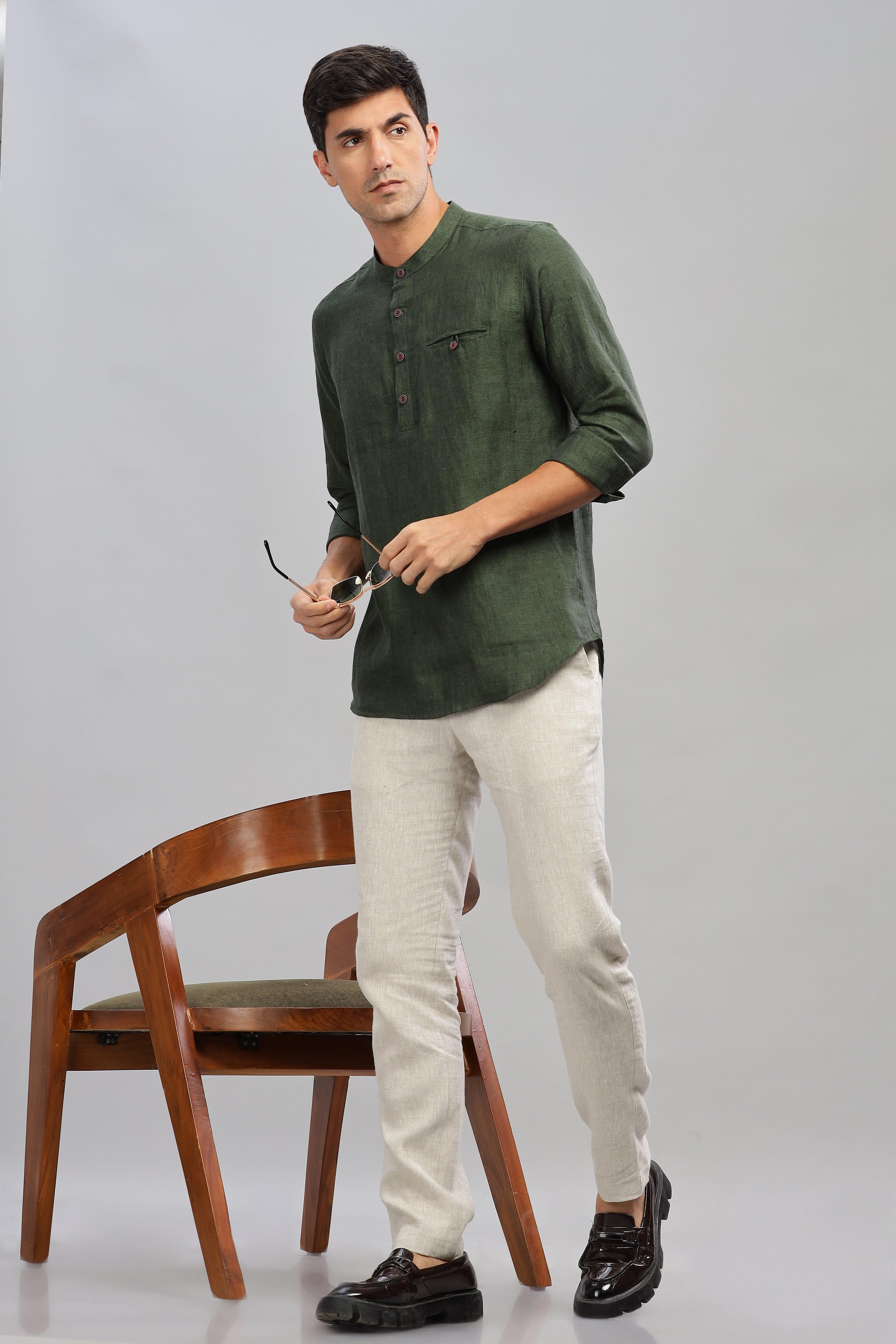 NILE Long Sleeves - 100% Pure Linen Half Placket Dark Green Chambray Shirt