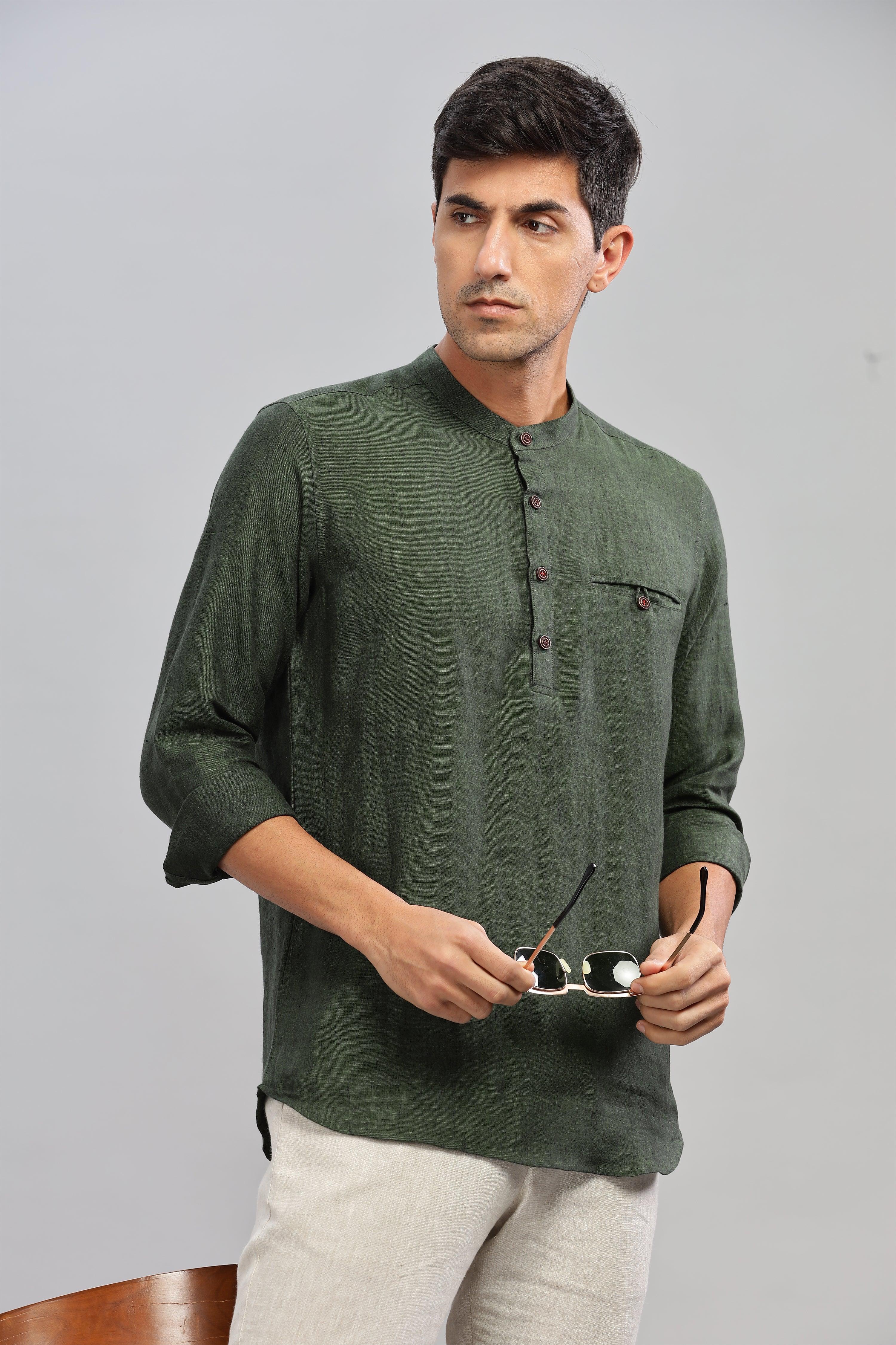 NILE Long Sleeves - 100% Pure Linen Half Placket Dark Green Chambray Shirt