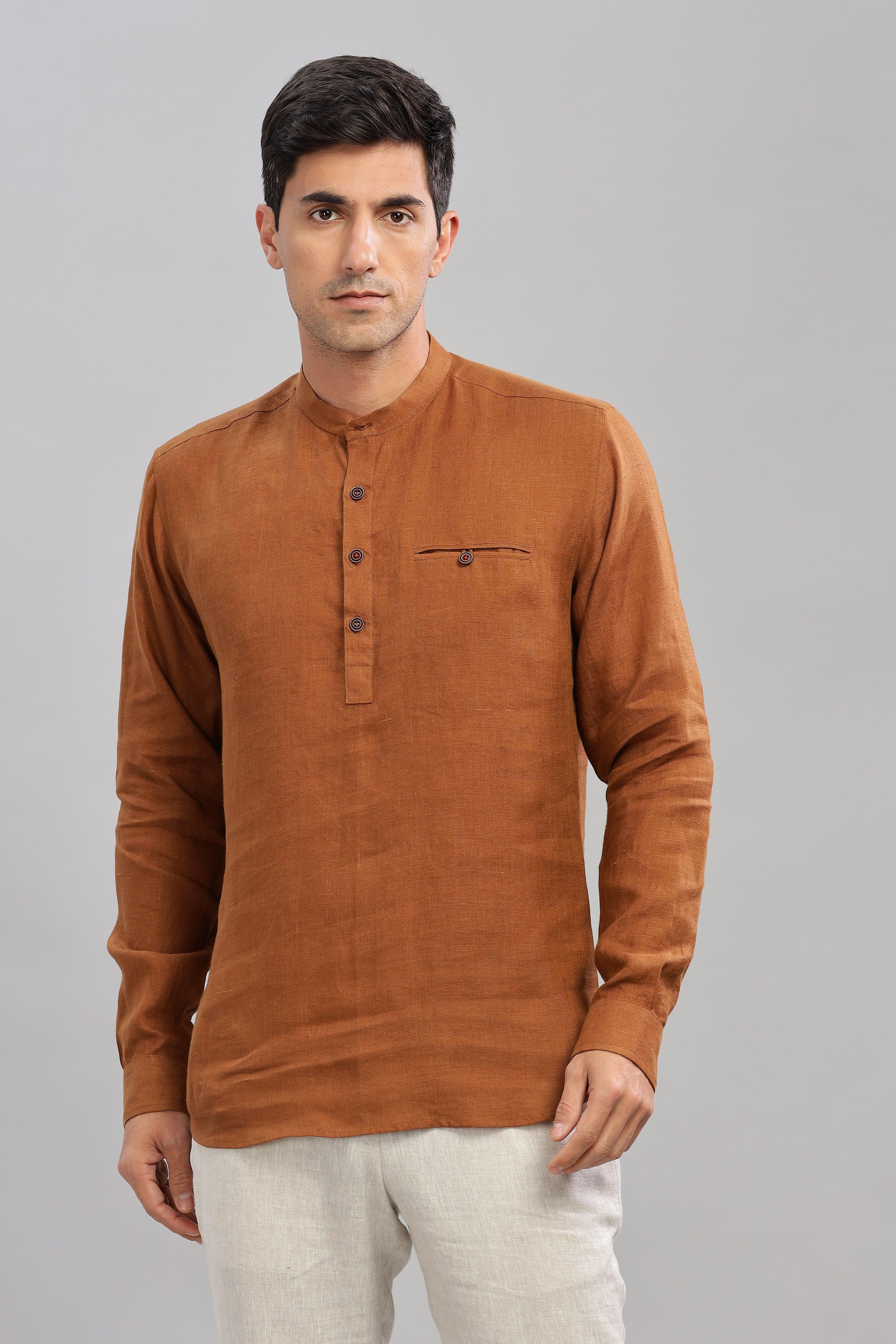NILE Long Sleeves - 100% Pure Linen Half Placket Coffee Brown Shirt