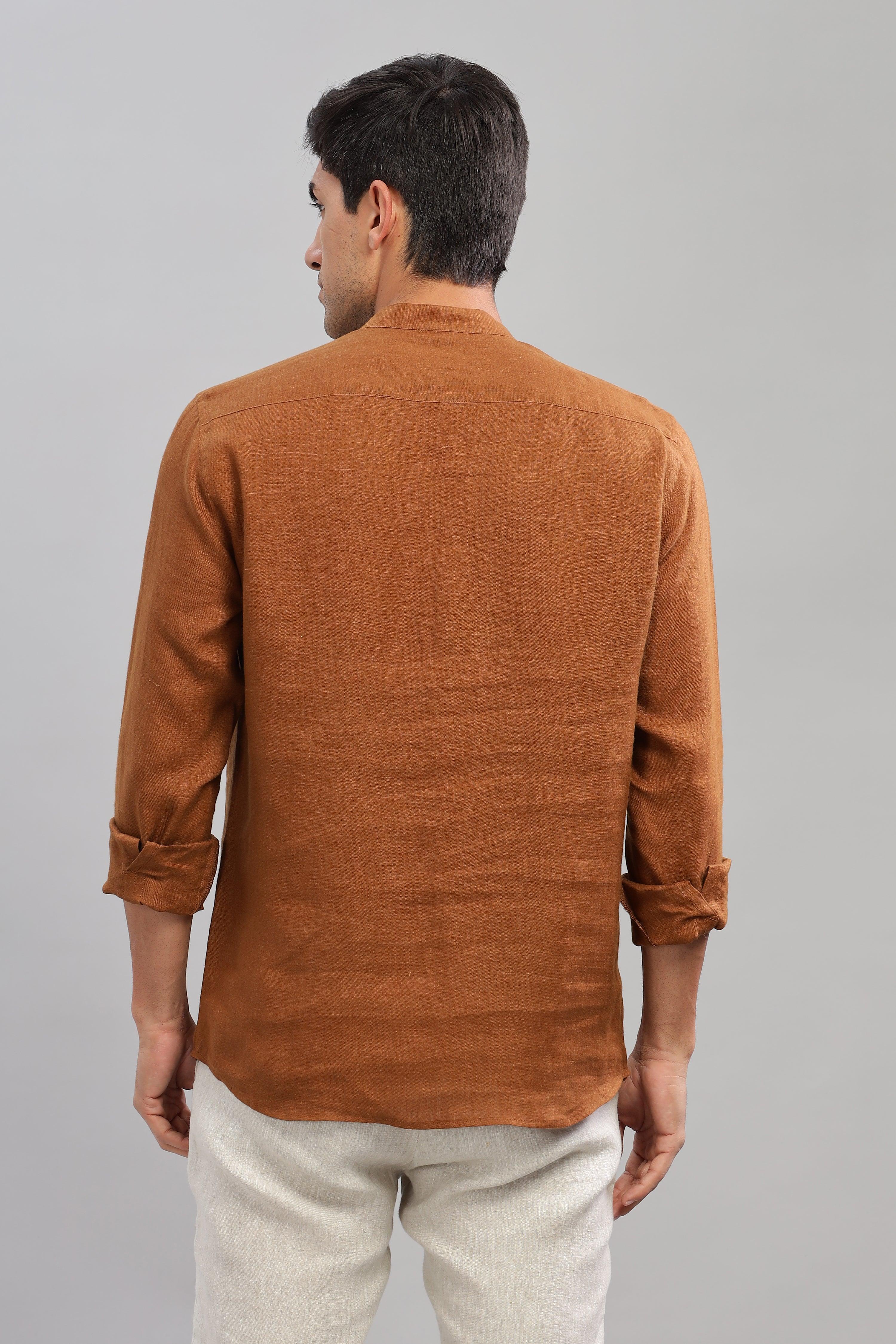 NILE Long Sleeves - 100% Pure Linen Half Placket Coffee Brown Shirt