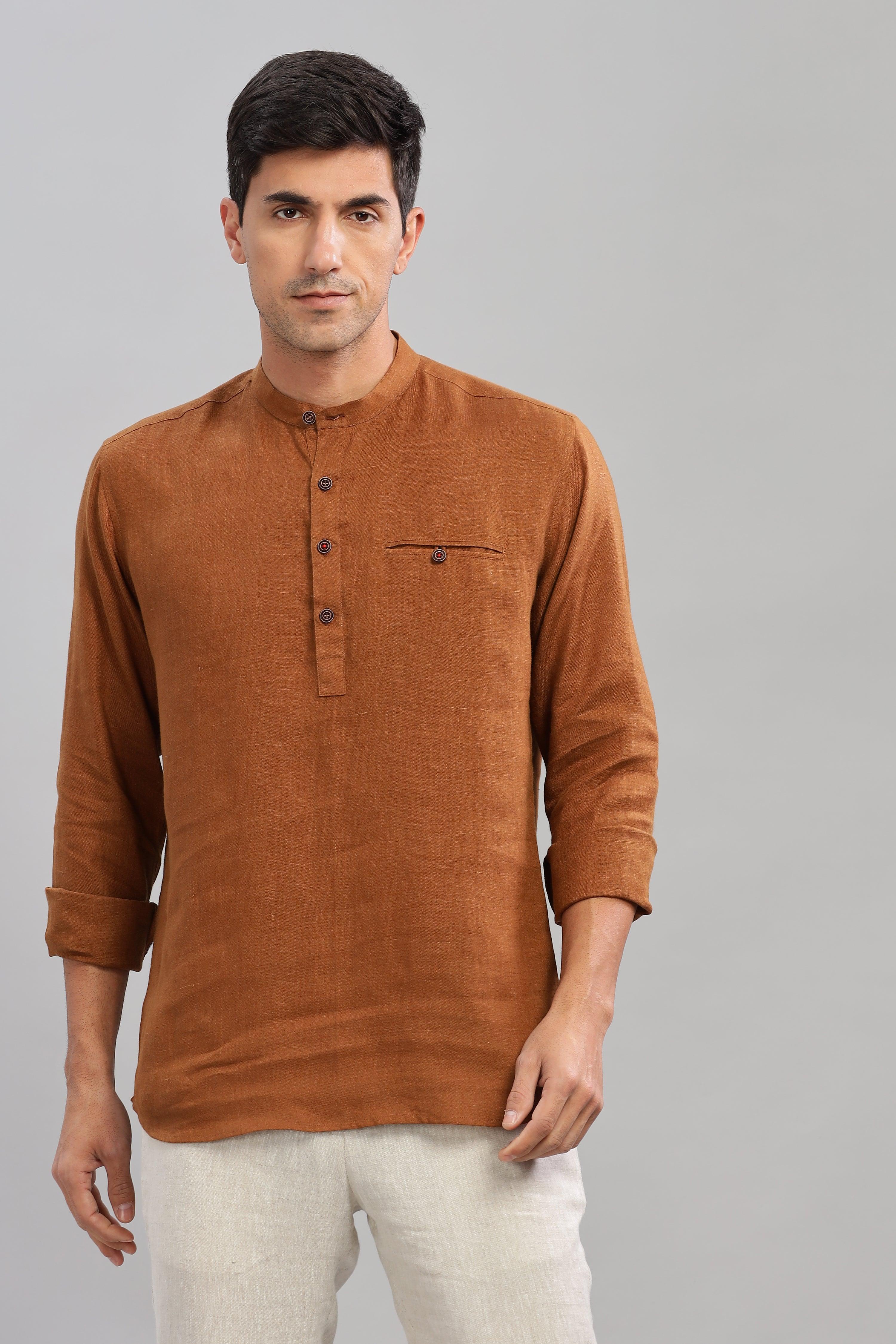 NILE Long Sleeves - 100% Pure Linen Half Placket Coffee Brown Shirt