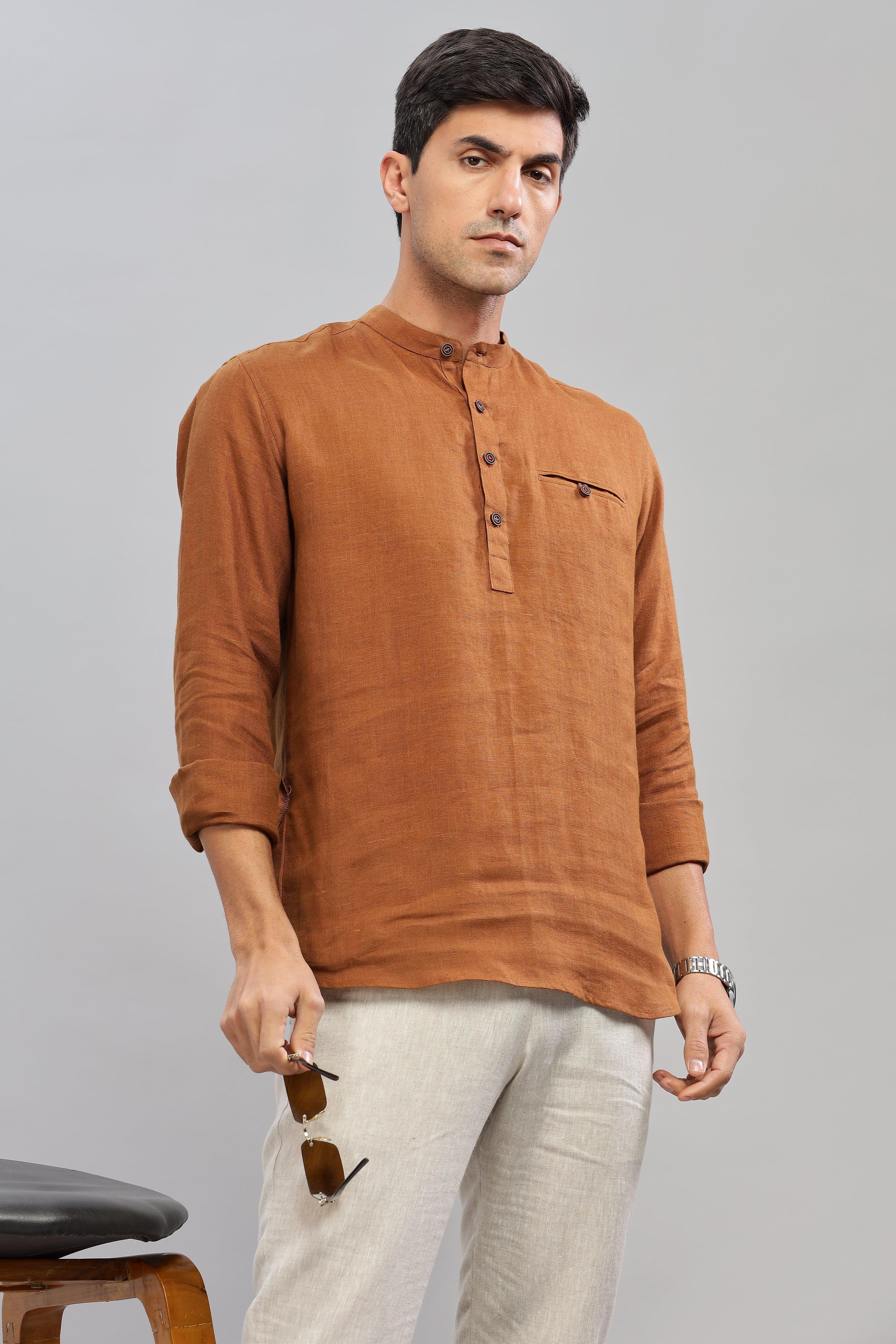 NILE Long Sleeves - 100% Pure Linen Half Placket Coffee Brown Shirt