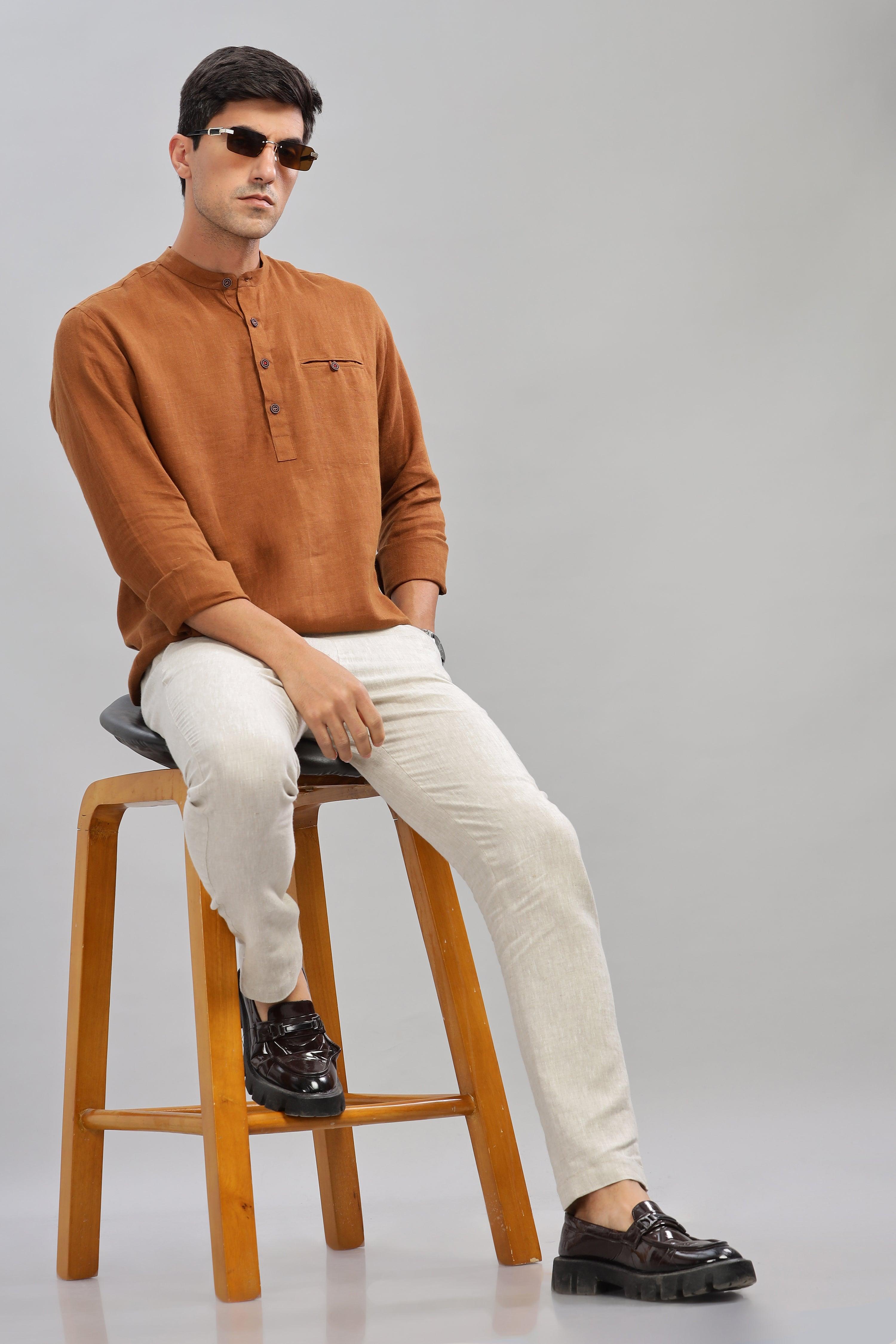 NILE Long Sleeves - 100% Pure Linen Half Placket Coffee Brown Shirt