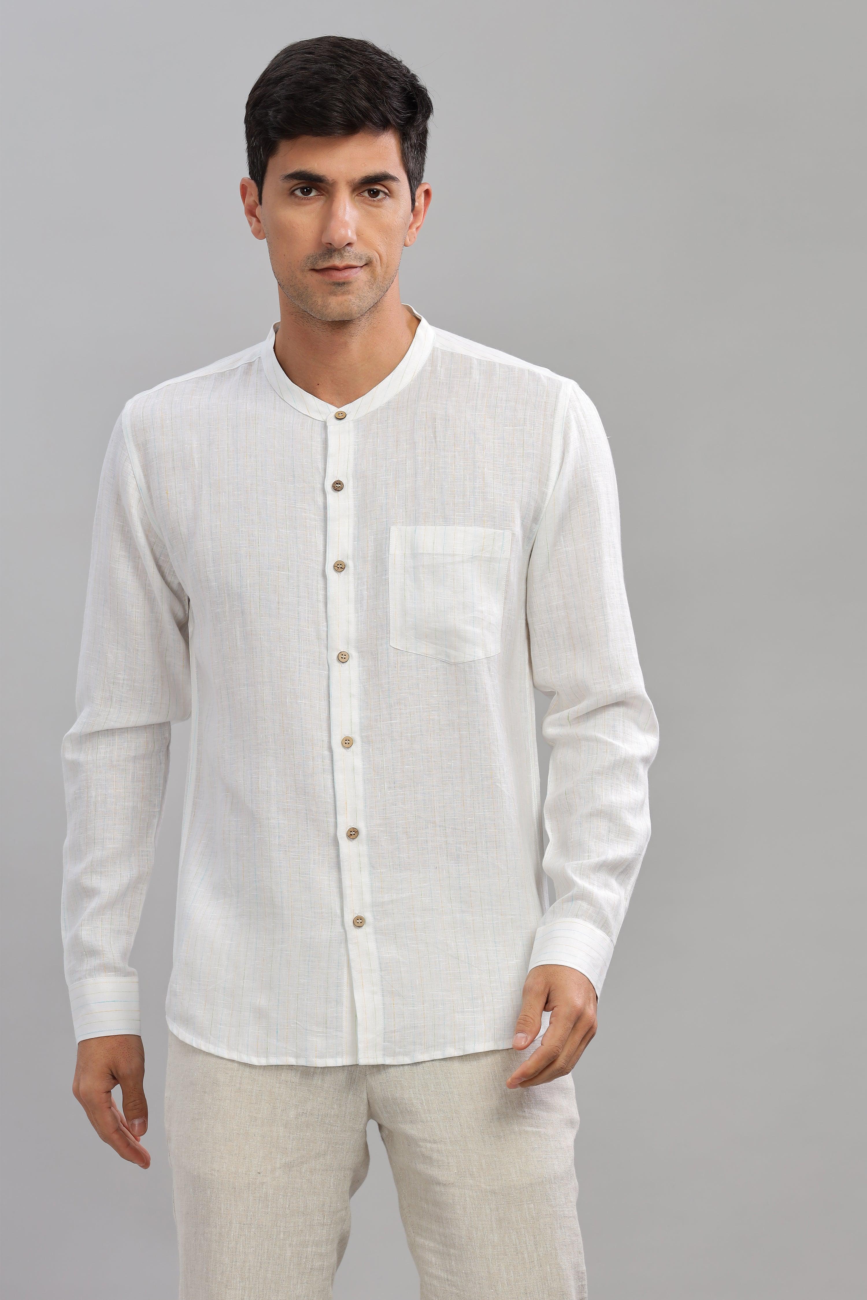 HAN - Pure Linen Mandarin Collar White Shirt
